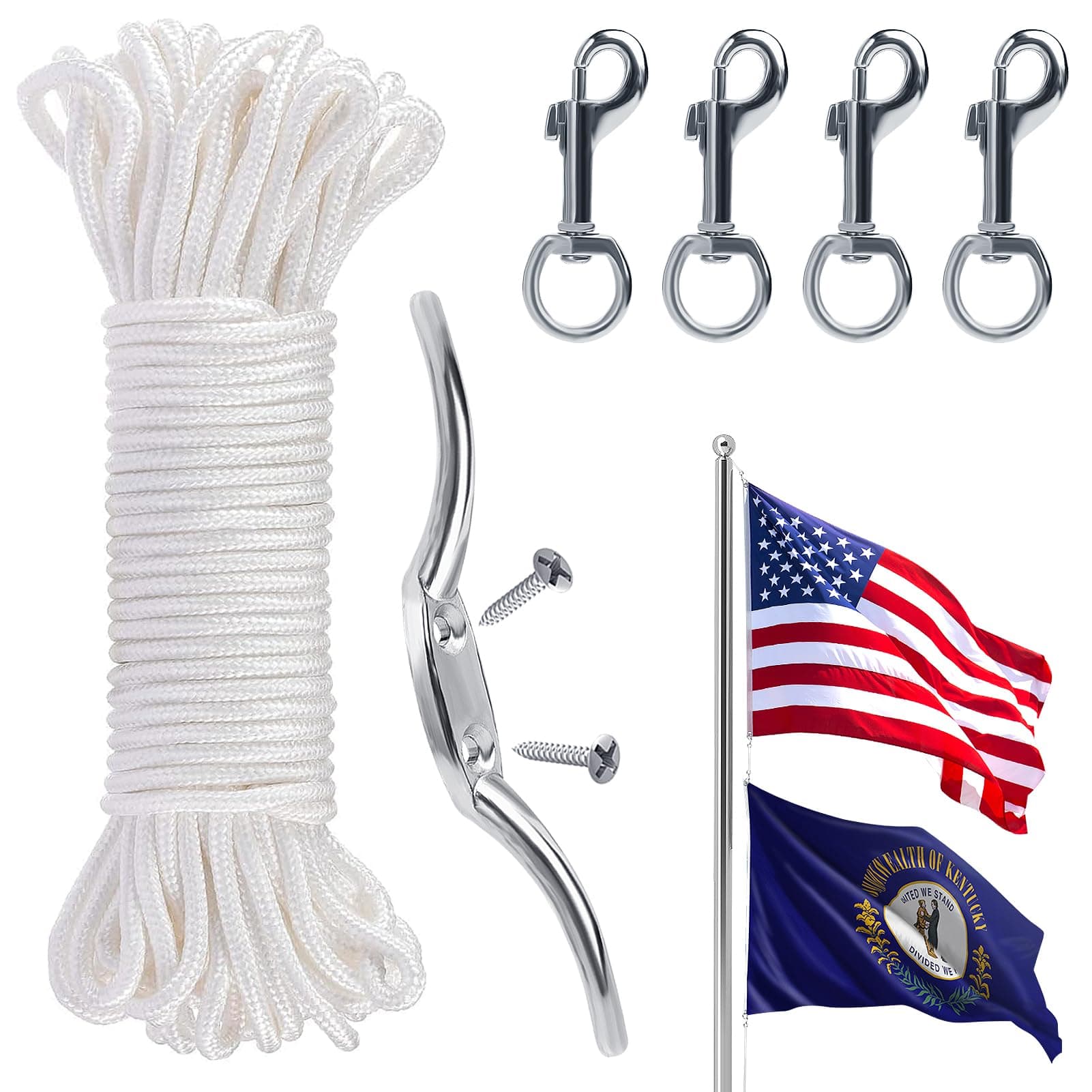 Flag Rope and Clips Kit - 100ft Flag Pole Rope Halyard with Cleat Hook & 4 Pcs Swivel Snap Clips for Flagpoles Up to 50ft, Outdoor Porch Flagpoles Repair Replacement Parts Accessories
