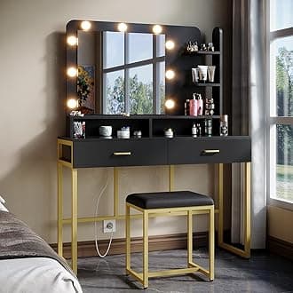 Vanity Set with Lighted Mirror,Vanity Desk with 2 Drawers,Makeup Vanity Dressing Table with 9 Lights for Women, Dresser Desk Vanity Set for Bedroom,with Cushioned Stool,Gold (Black)