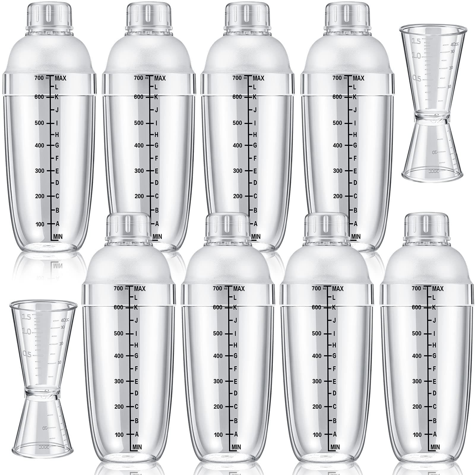10 Pcs Plastic Cocktail Shaker Set, Including 8 Pcs 24 oz Clear Coffee Shaker Drink Mixer with Measurements 2 Double Measuring Jigger Bar Cup for Tea Coffee Bubble Tea Milk