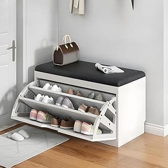 LITFAD Modern Shoe Storage Bench with Doors - Entryway Bench with Cushion Seat - Hallway Bench with Hidden Shoe Storage - Free Standing Organizer - 24" L x 12" W x 18" H - Black