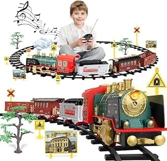AM ANNA Remote Control Train Set, Electric R/C Train Toy for Kids w/Smokes,Lights & Sound,Railway Kits w/Steam Locomotive Engine,Cargo Cars & Tracks,Ideal for 3 4 5 6 + Kids