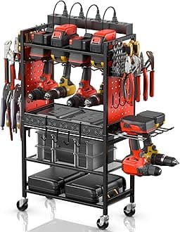 CCCEI Mobile Power Tools Organizer Cart with Charging Station, Garage Rolling 6 Drills Pegboard Storage on Wheels, with Basket, Movable Shelves, Hooks, Accessories Box, Battery Charging Power Strip.