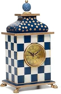 Desk Clock, Decorative Wood Clock for Kitchen and Living Room, Blue-and-White Royal Check