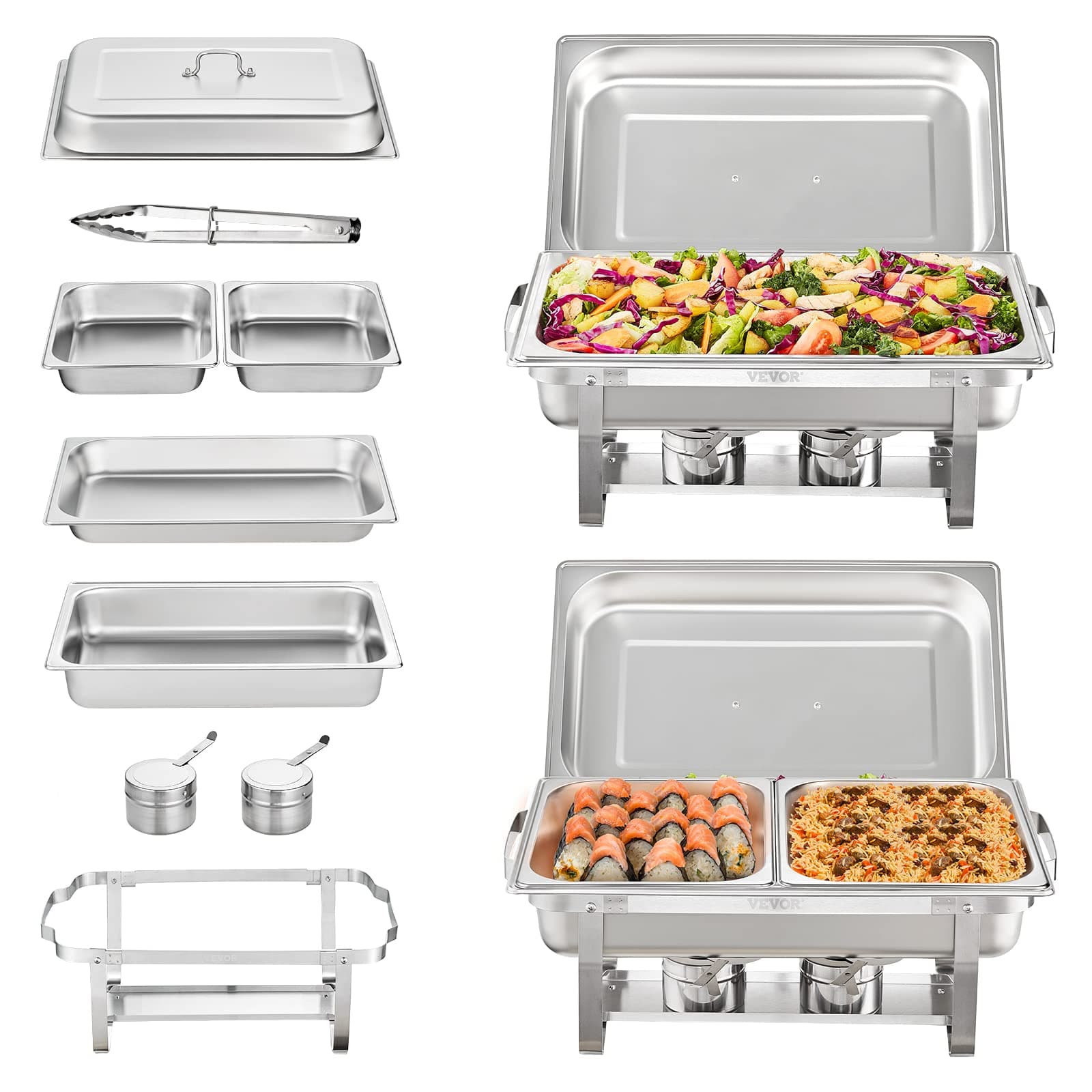 VEVOR Chafing Dish Buffet Set, 8 Qt 2 Pack, Stainless Steel Chafer with 2 Full Size Pans, Rectangle Catering Warmer Server with Glass Lid Water Pan Folding Stand Fuel Holder, for Wedding Party Banquet