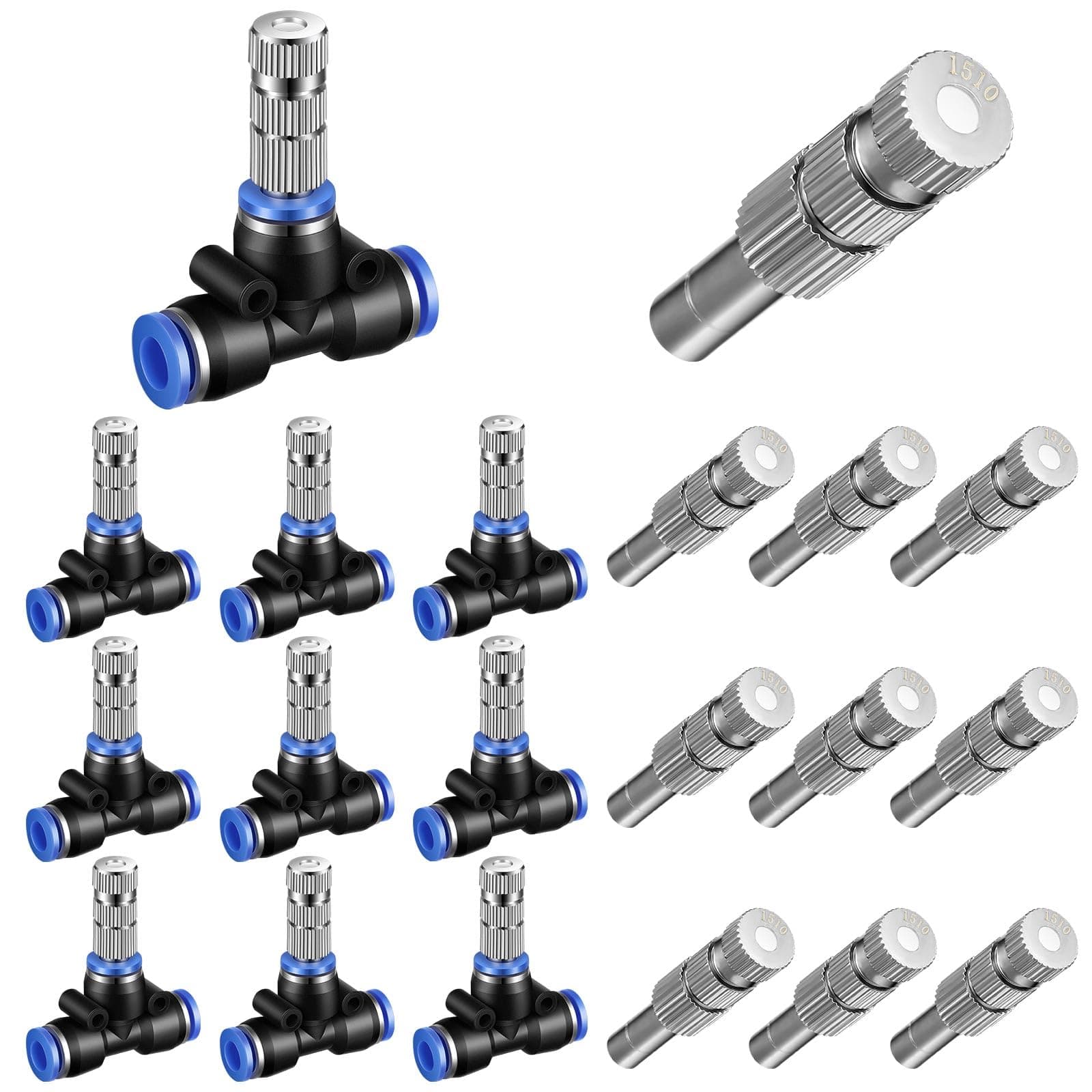 Gisafai 20 Pcs Misting Nozzles Include 1/4" Water Misting Nozzle Tees, 6mm Brass Nozzles 1/4" Connect Fitting Air Hose Sprayer for Outdoor Spray Cooling System(Three Section)