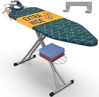 Full Size Ironing Board 57" X 18" with Wall Mount Hanger, Full Metal Construction Iron Board, Built in Iron Caddy, Heat & Scorch Resistant Fabric, Cord Holder, Anti-Skid Feet, Heavy Duty
