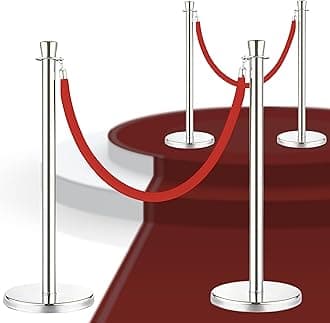 2PCS Silver Stanchions with 5FT Red Velvet Rope - Heavy Duty Crowd Control Barriers and Rope Safety Barriers for Events, Weddings, Red Carpet and Stanchion Set for Party - 39.4 Inch Post Height