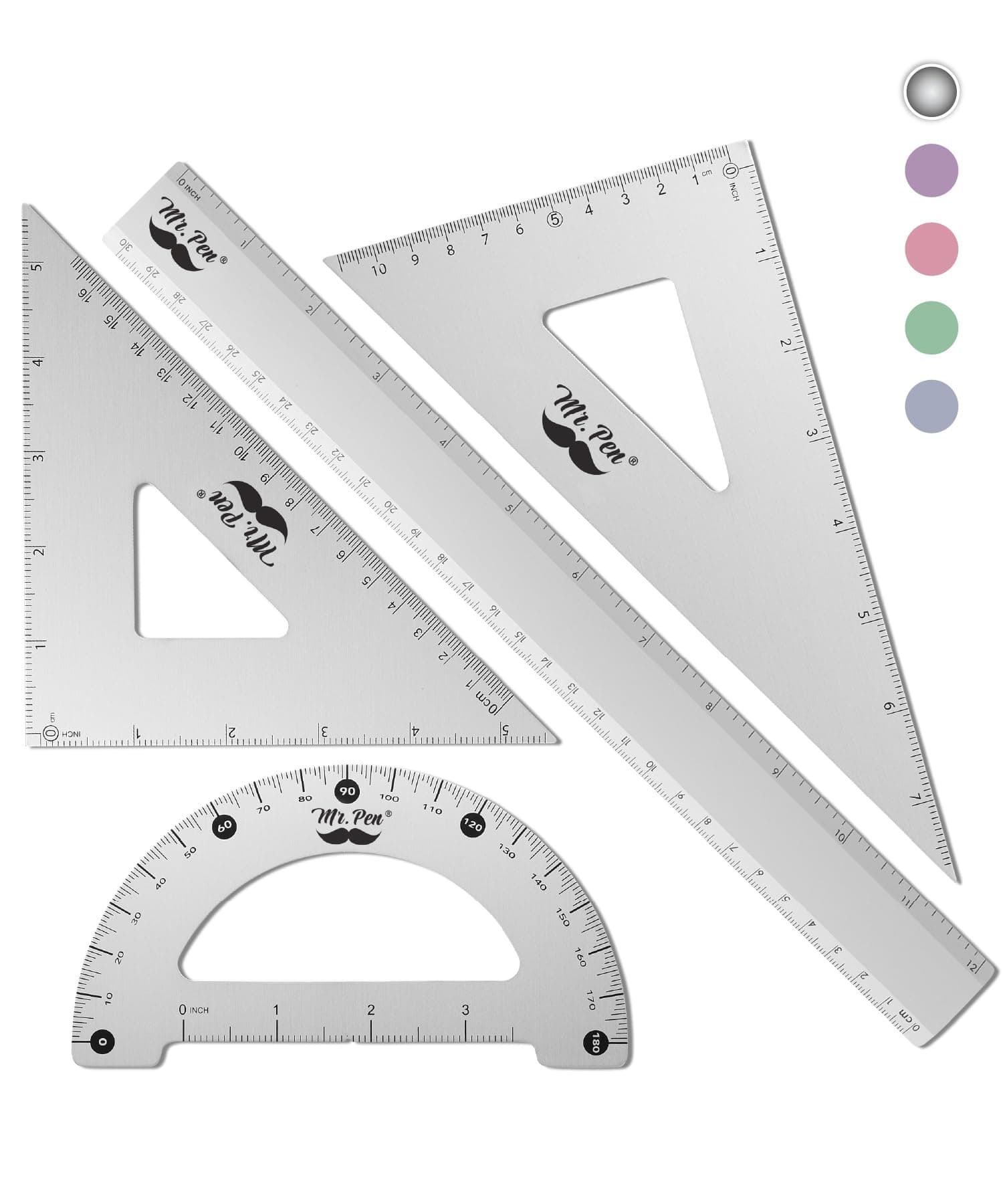 Metal Geometry Kit, 4 Pack, 45° & 30°/60° Set Squares, 6" Protractor & 12" Ruler, Durable Metal Drafting Tools for Technical Drawing, Math, Engineering & Architecture