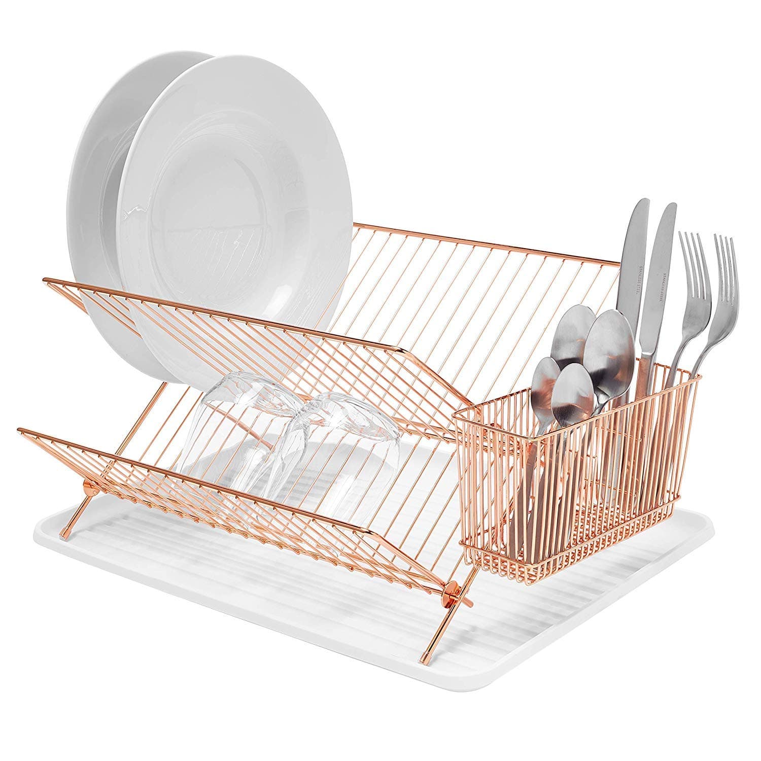 simplywire – Folding Dish Drainer – Plate Drying Rack with Cutlery Holder - Copper Chrome Plated Steel