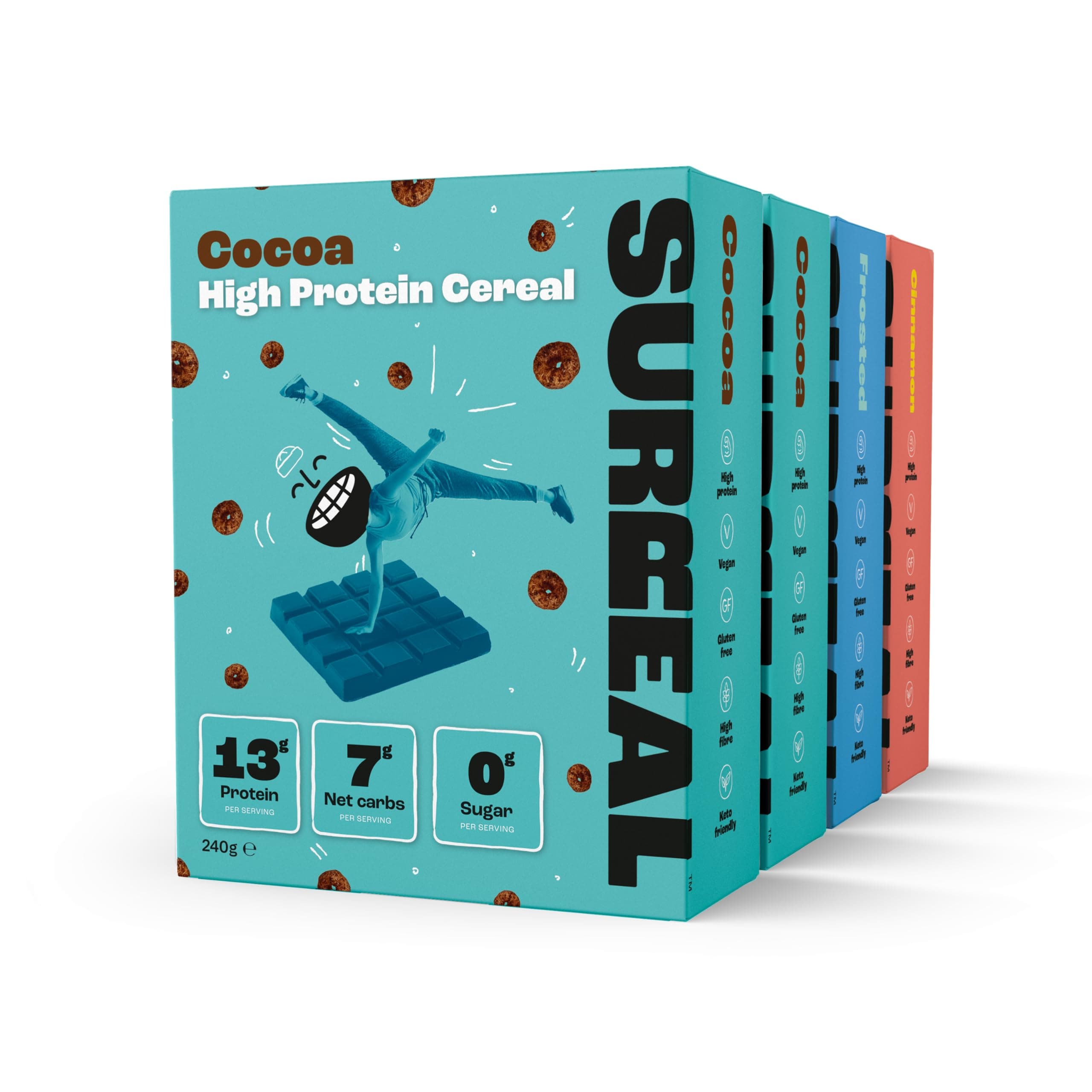 Surreal Mixed Pack - High Protein Cereal - Low Sugar - High in Fibre - Low Carb - Gluten Free - Vegan - 13g of Protein, 0g of Sugar - 240g per Box - 4 Pack (2 x Cocoa 1 x Cinnamon 1 x Frosted)