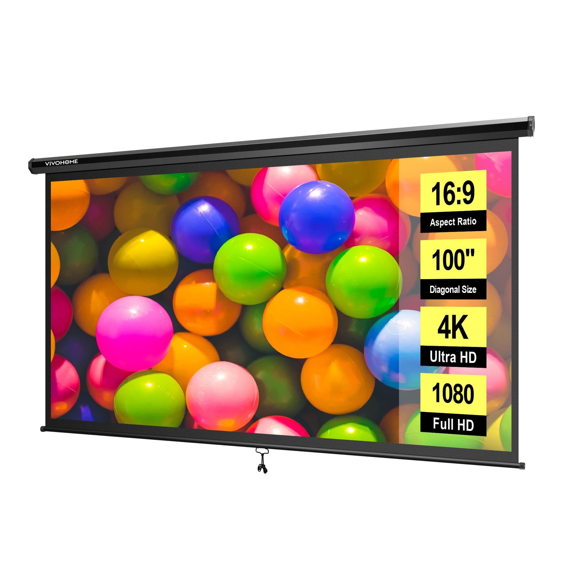 VIVOHOME 100 Inch 16:9 Pull Down Projector Screen HD 4K Retractable Movie Screen for Indoor Home Theater and Office