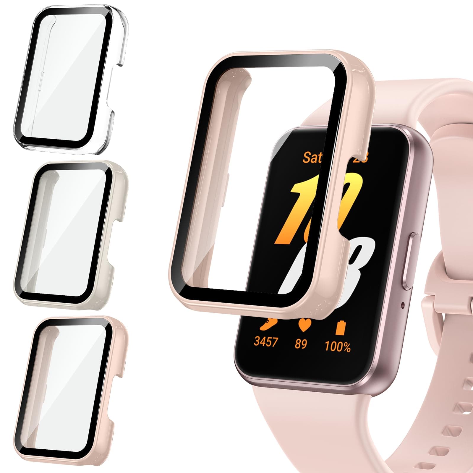 [3Pack] Kamita Screen Protector Case Compatible with Samsung Galaxy Fit 3, Full Coverage Hard PC Bumper Cases with Tempered Glass Film, Shockproof Protective Cover for Galaxy Fit3 (Clear+Pink+White)