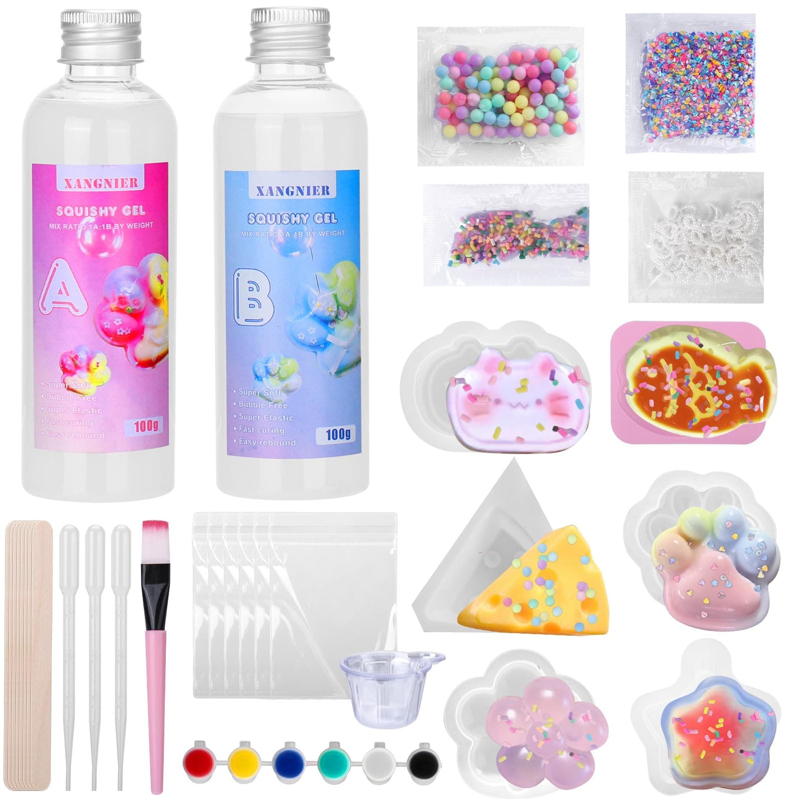 XANGNIER Taba Squishy Maker Kit,DIY Taba Squishy Making Kits-Liquid Silicone+6 Molds+Art Crafting Molding Supplies Sets,DIY Decompression Gifts