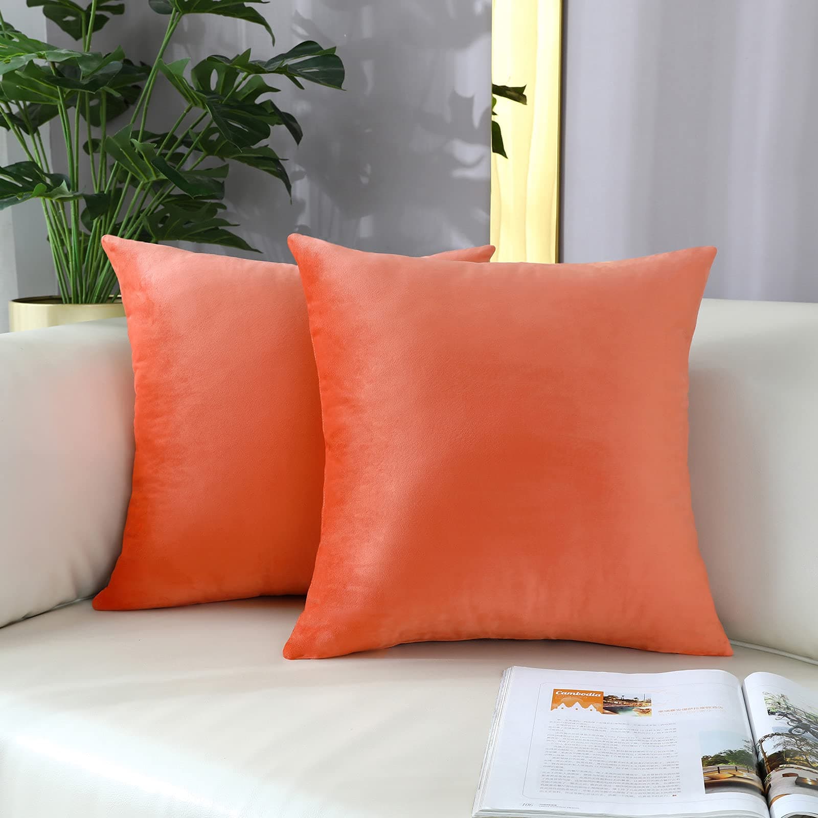 mixeoo Comfy Peach Coral Throw Pillow Covers Decorative Square Solid Velvet Super Soft Cushion Cases Home Decor for Sofa Couch, Set of 2, 18 x 18 Inch
