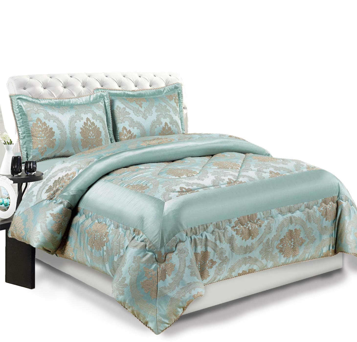 MOONLIGHT20015 Bedspread Quilted Throw Bedding Set Jacquard 3 PC Bedspreads | Comforter Throw Quilted Bedspread Coverlet (Betty Duck Egg Blue/Nutmeg, King (240x260 CM)