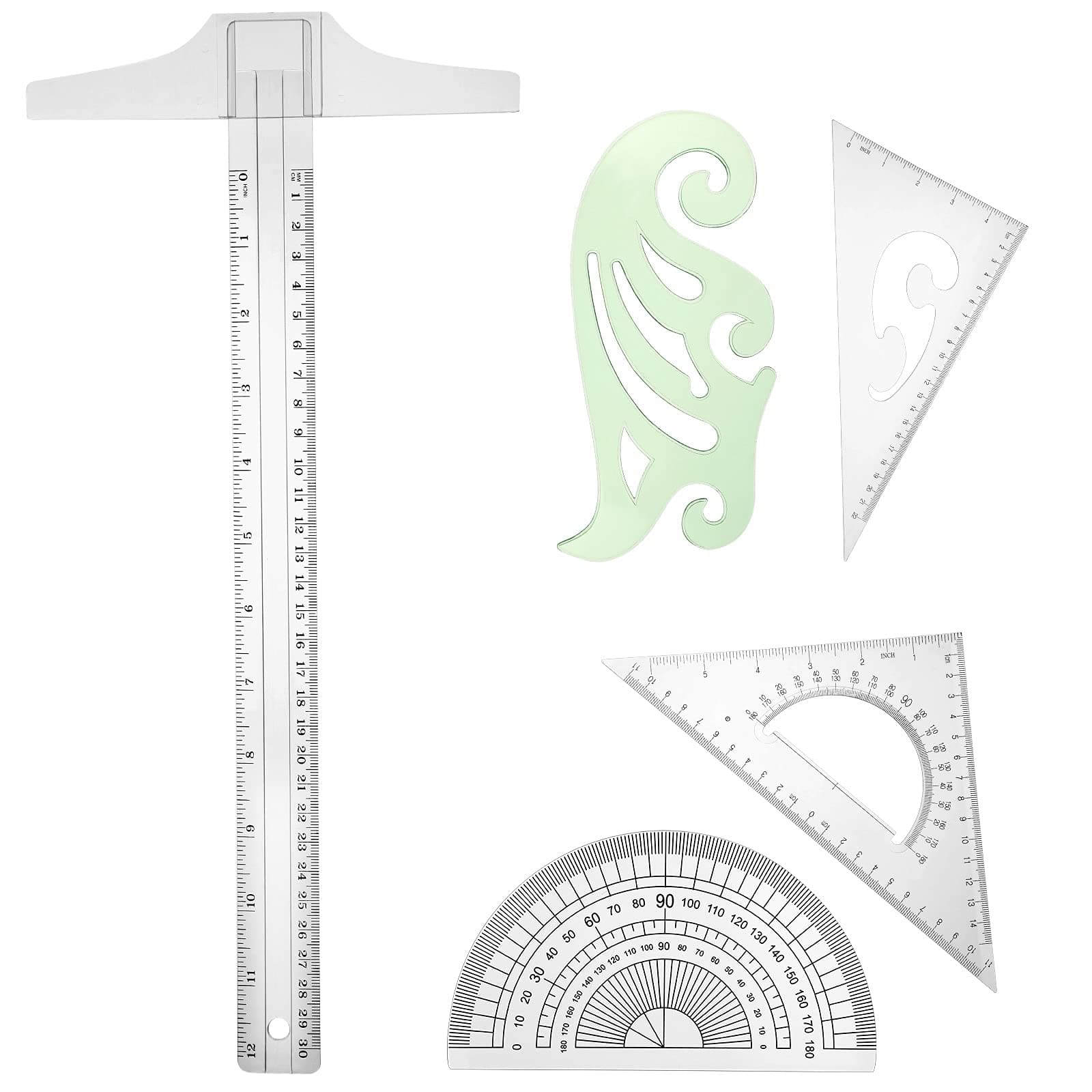 Frienda 5 Pieces Drafting Tools Plastic Transparent Rulers Drawing Ruler 12 Inch T-Square 180 Degree Protractor, 2 Triangles and a French Curve for Students and Engineering Drawing