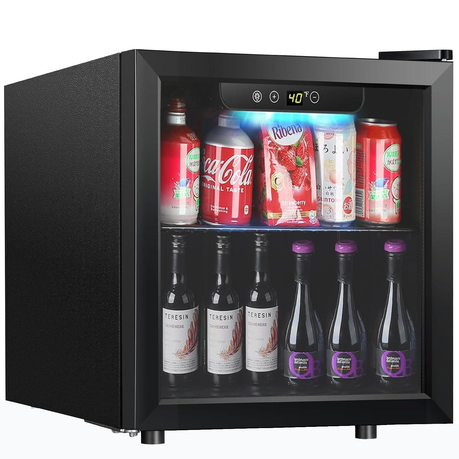 Kndko Mini Beverage Refrigerator - 48 Can Mini Fridge with Digital Temperature Control, LED Light, Reversible Door, Perfect for Home, Office, Bar, and Game Room - 1.3 Cu.Ft, Black
