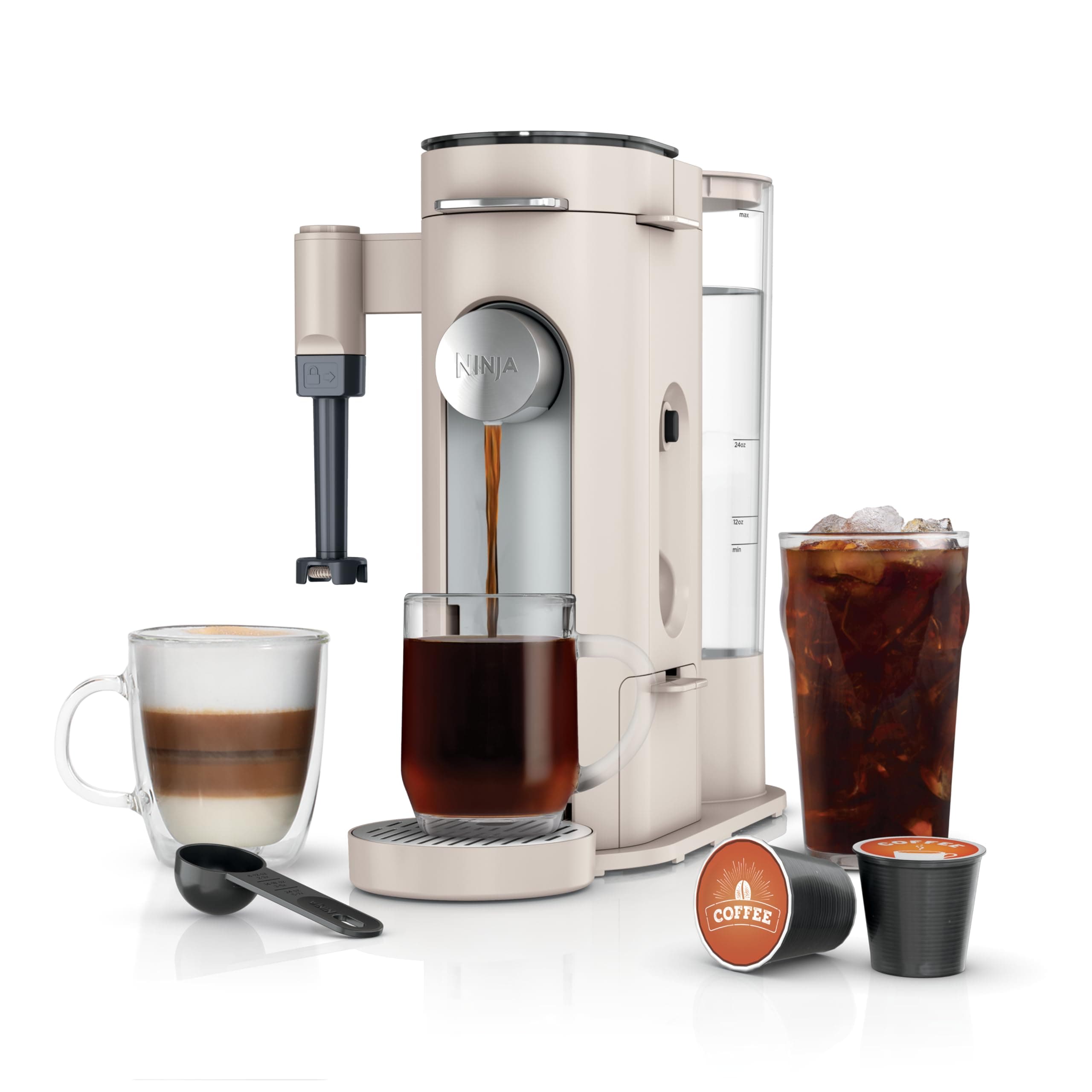 Pod & Grounds | Coffee Maker | XL Single-Serve | K-Cup Pod Compatible | Brews Grounds | Compact Design | Built-In Milk Frother | 68-oz. Reservoir, 6-oz. Cup to 24-oz. Mug Sizes | Stone |PB055AST
