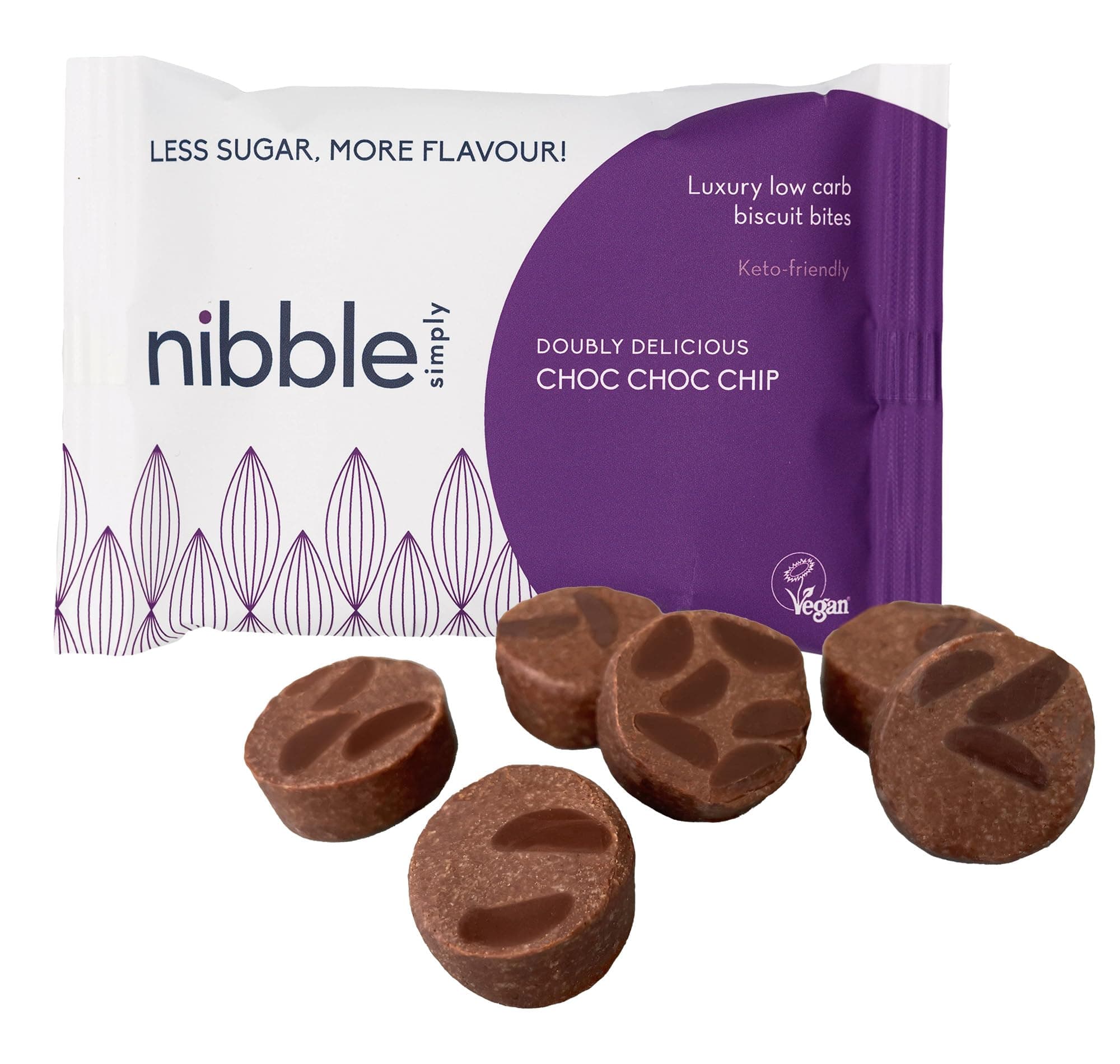 Nibble Simply Doubly Delicious CHOC CHOC CHIP - Low carb, lower sugar, keto-friendly, vegan (12 x 36g packs)
