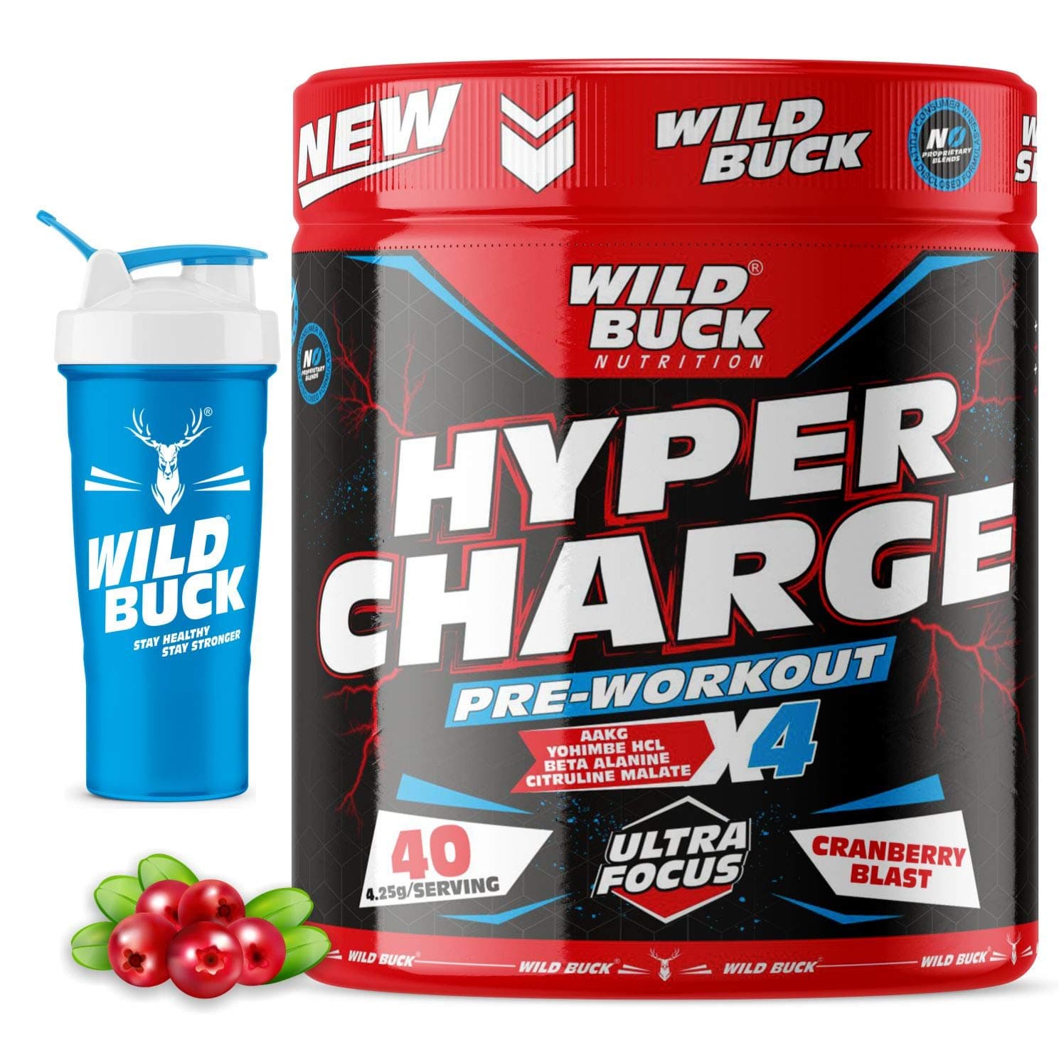 Hyper Charge Pre-X4 Hardcore Pre-Workout Supplement with Creatine Monohydrate, Arginine AAKG, Beta-Alanine, Explosive Muscle Pump -For Men & Women [40 Servings, Cranberry Blast] Free Shaker