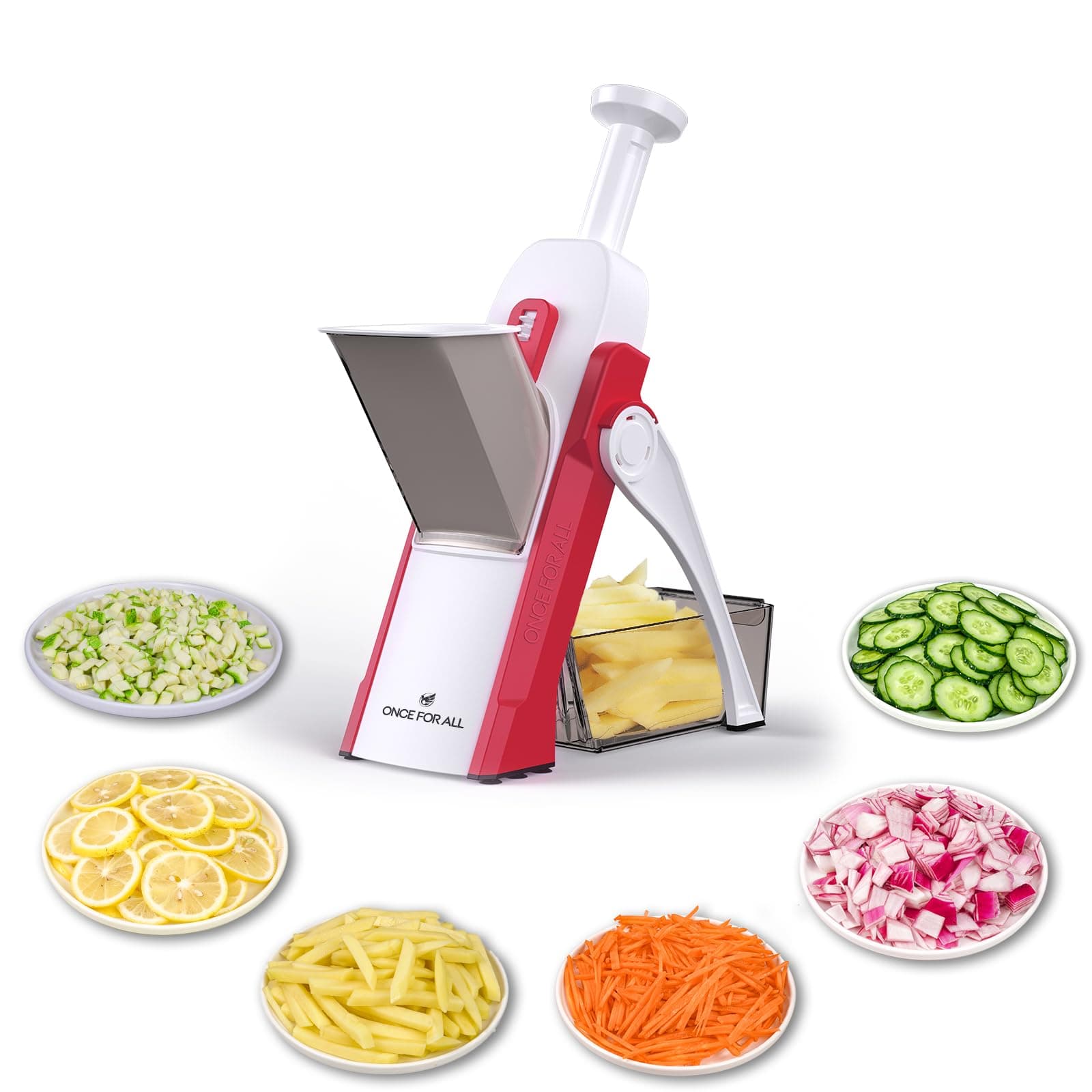 Once for All Safe Mandoline Slicer 5 in 1 Vegetable Cutter, Strips Julienne Dicer Adjustable Thickness 0.1-8 mm for Kitench Fast Meal Prep (Red)