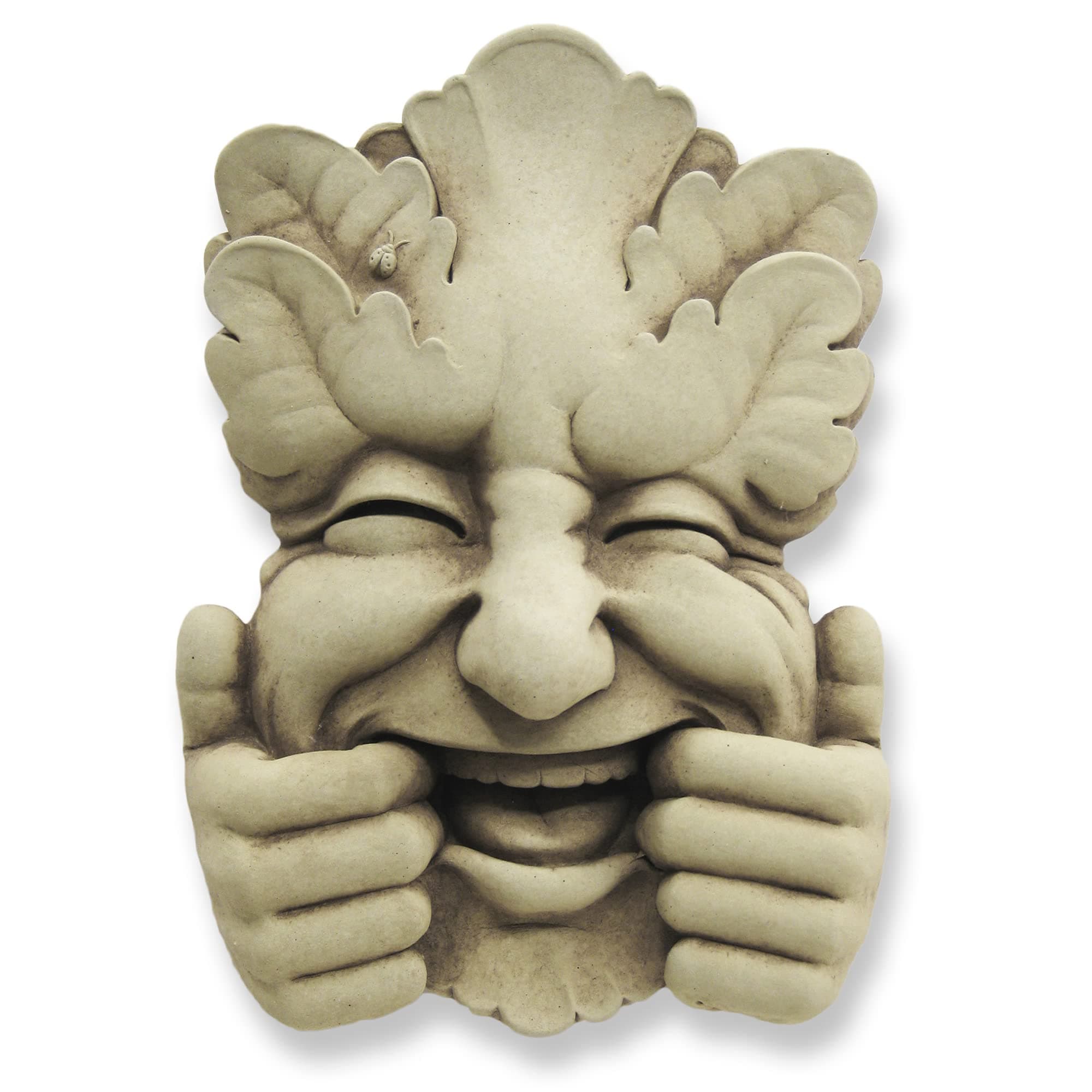 Carruth Studio Too Much Fun, Green Man Plaque for Home and Garden, Handmade in Stone, Whimsical Garden Sculpture