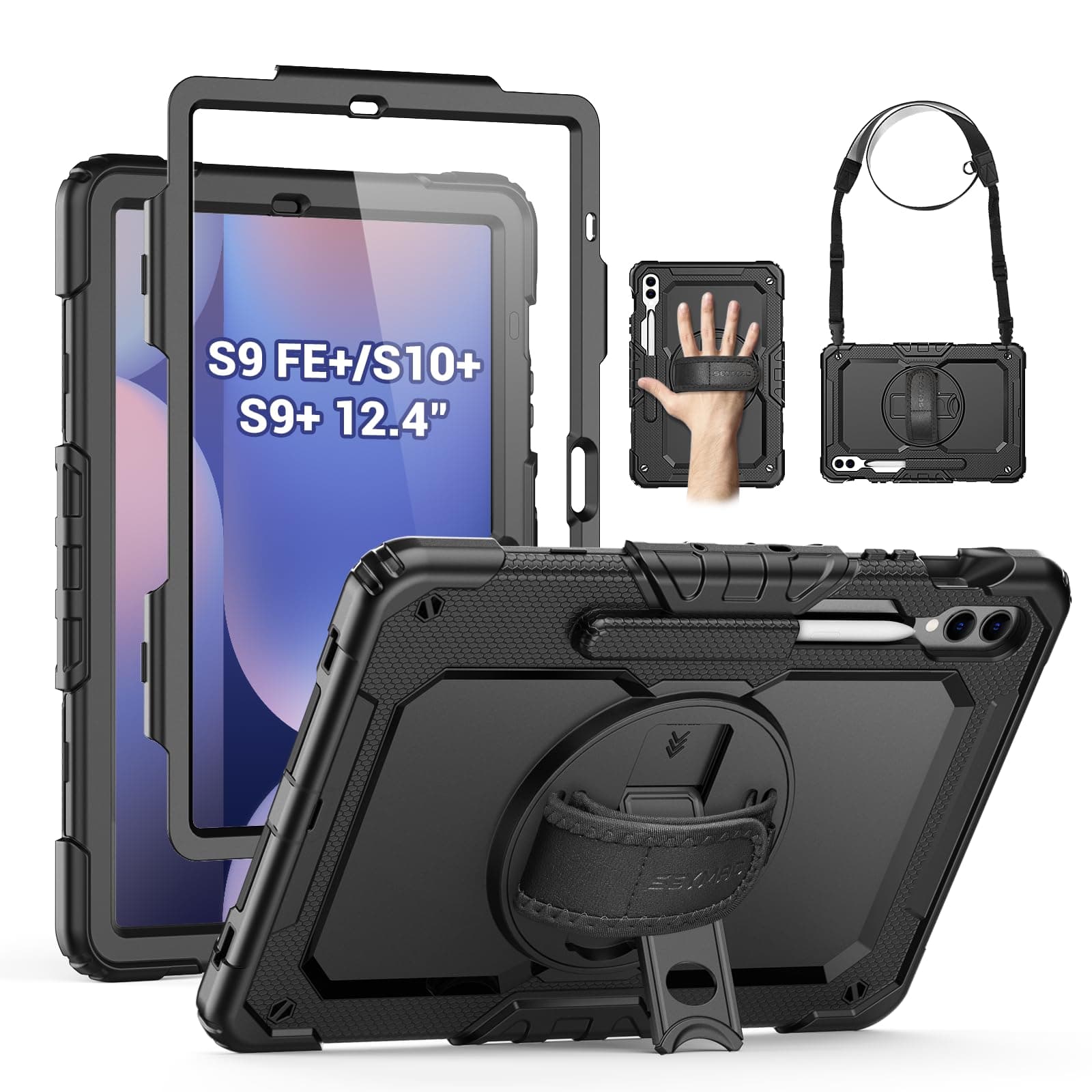 Case for Samsung Galaxy Tab S10+ Plus 2024/ S9 FE+ Plus/ S9+ Plus 12.4" 2023, Heavy Duty Shockproof Protective Case with Screen Protector, Stand, Hand/Shoulder Strap and Pen Holder, Black