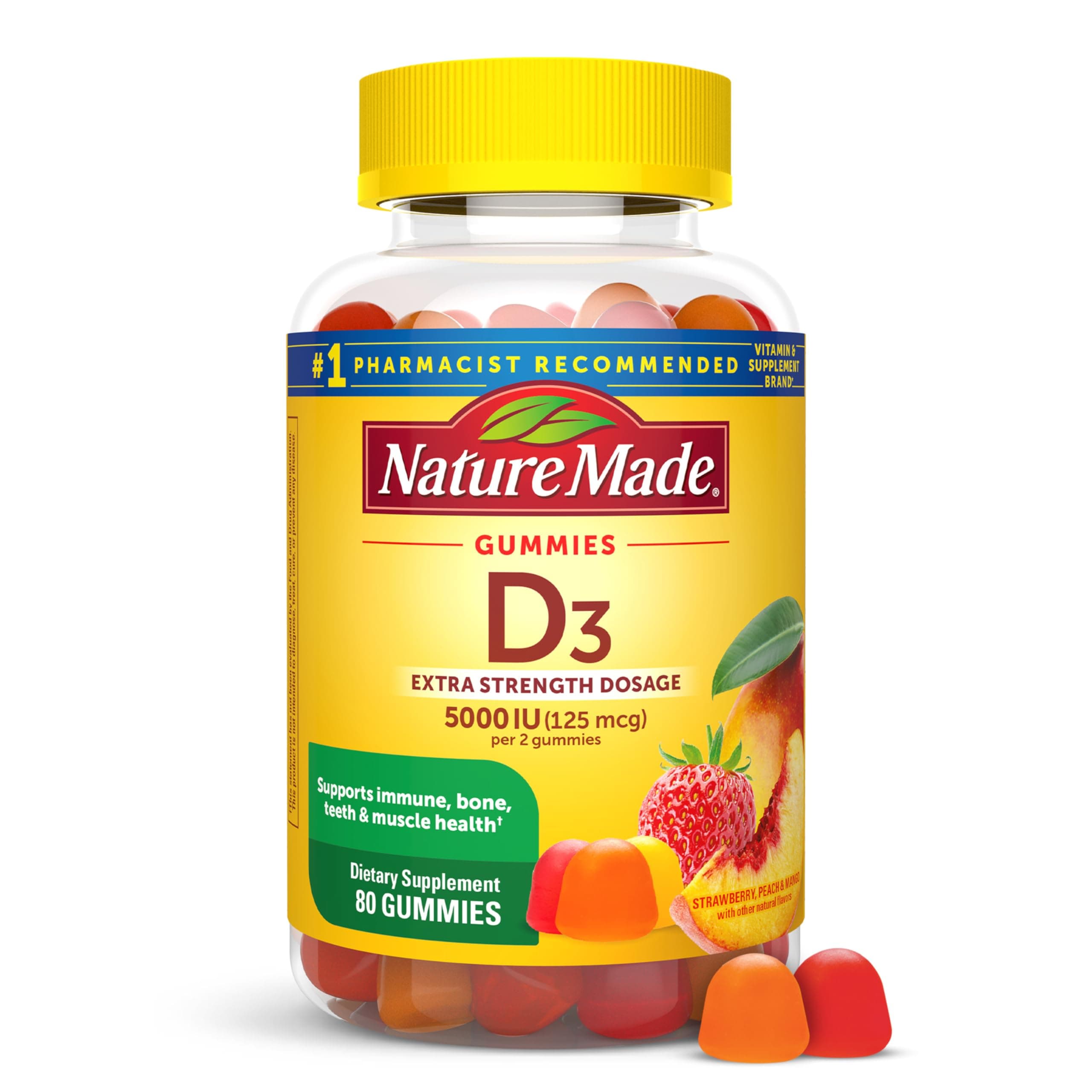 Vitamin D3 5000 IU Per Serving Gummies Extra Strength, Bone and Immune Health Support, 80 Vitamin D Gummies for Adults, 40 Day Supply