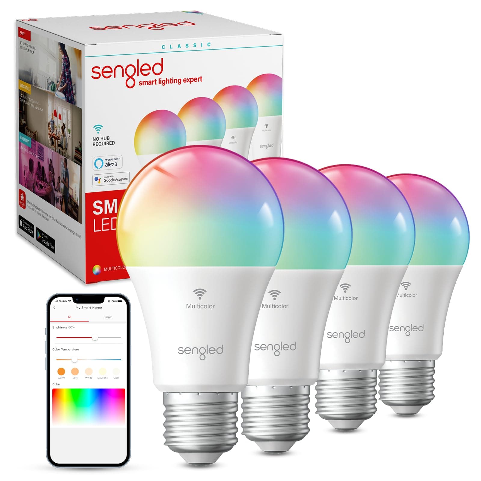 Sengled Smart Bulb, WiFi Light Bulbs, Color Changing Light Bulb, Smart Light Bulbs that Work with Alexa & Google Assistant, A19 RGB Alexa Light Bulb No Hub Required, 60W Equivalent 800LM CRI>90, 4Pack