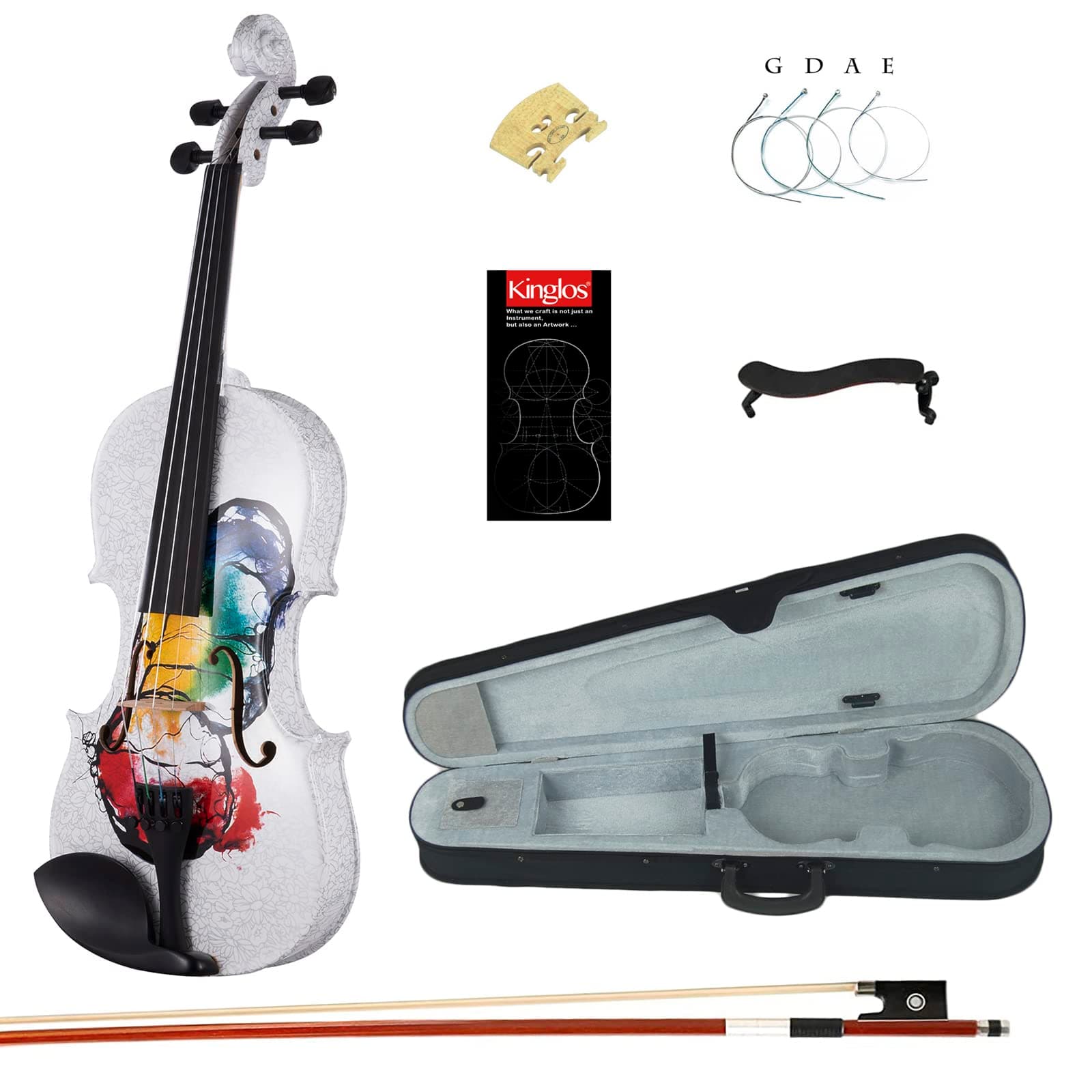 Kinglos4/4 Butterfly Colored Ebony Fitted Solid Wood Violin Kit with Case, Shoulder Rest, Bow, Manual, Extra Bridge and Strings Full Size (NHS3002)