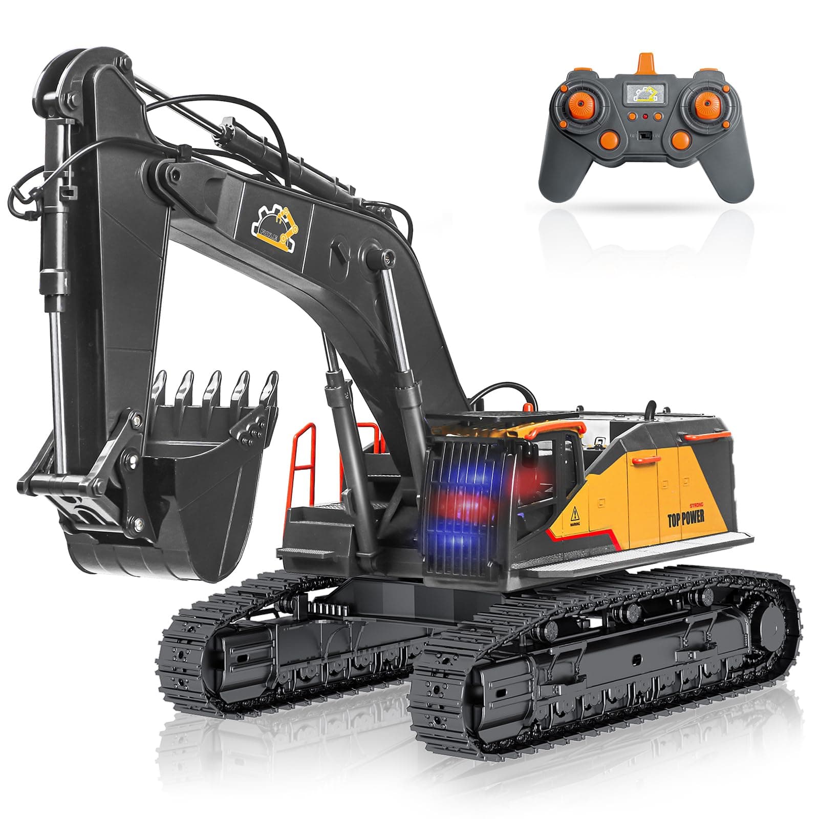 22 Channel Remote Control Excavator, 1/14 Scale RC Excavator Metal Shovel Independent Arms, Professional Construction Vehicles with Lights Sounds, Boy Toys Present for 8-12 Years Old, Grey