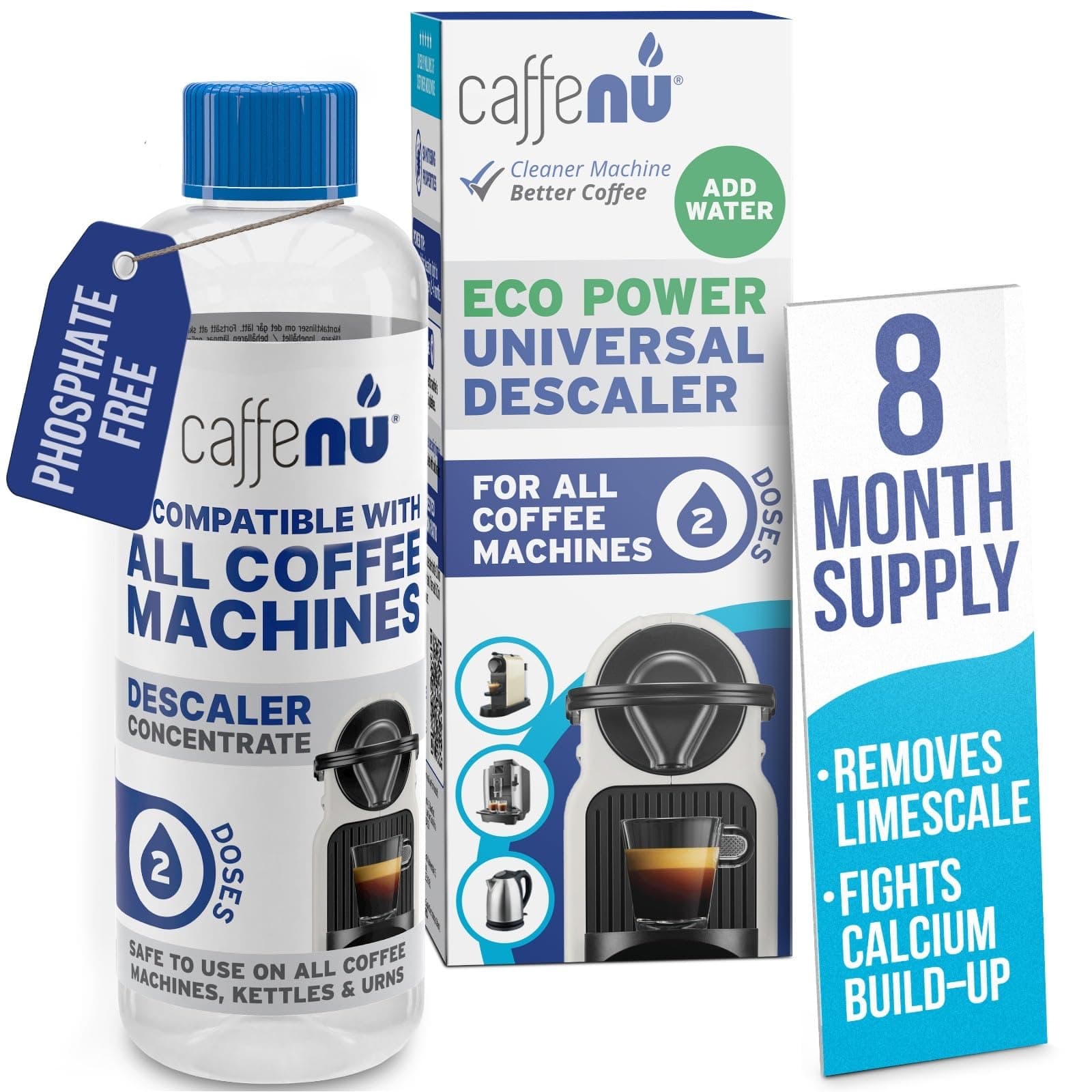 Universal Coffee Machine Descaling Solution. Coffee Machine Descaler Liquid 2 Uses. Descaler Kit. Part of your Barista Accessories Set. Compatible with Nespresso, Phillips, Lavazza, Verismo and More!
