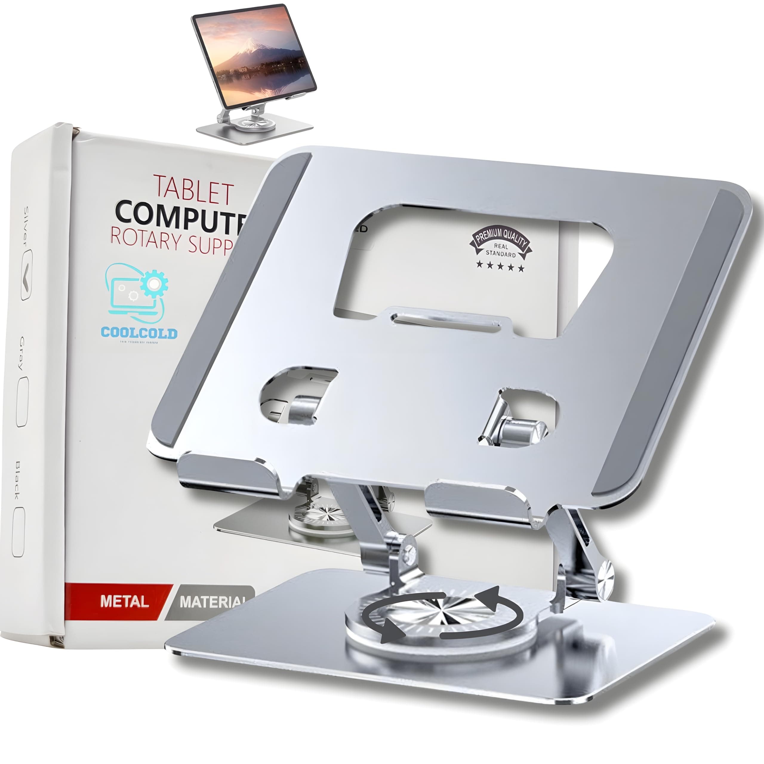 COOLCOLD Tablet Stand | 360° Rotating Adjustable Aluminum Foldable Holder for iPad, Tablets & Smartphones | Portable Desktop & Bed Stand for Home, Office, Table, Floor Use (Grey)