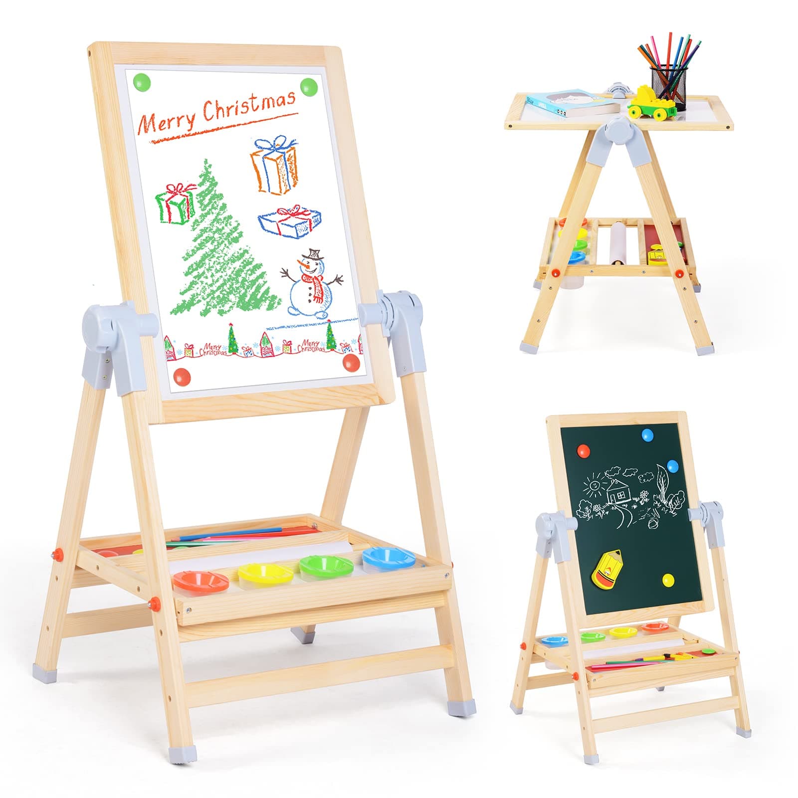 XCSOURCEArt Easel for Kids, 3 in 1 Adjustable Double Sided Drawing Board Whiteboard & Chalkboard Dry Erase Board with Paper Roll, Art Supplies, 360°Rotating Art Table for Toddlers Children Ages 2+