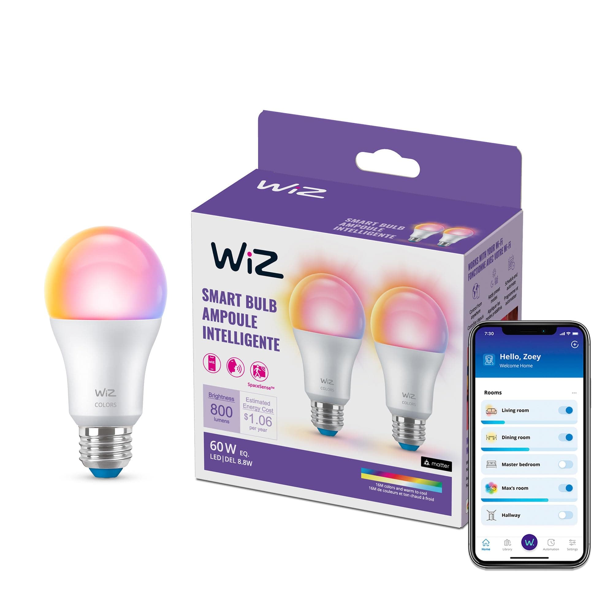 Smart Light Bulbs, 2-Pack, Color A19 60W 800LM E26 Indoor LED Lights, Smart Bulbs with Motion Detection, Control with Voice or App