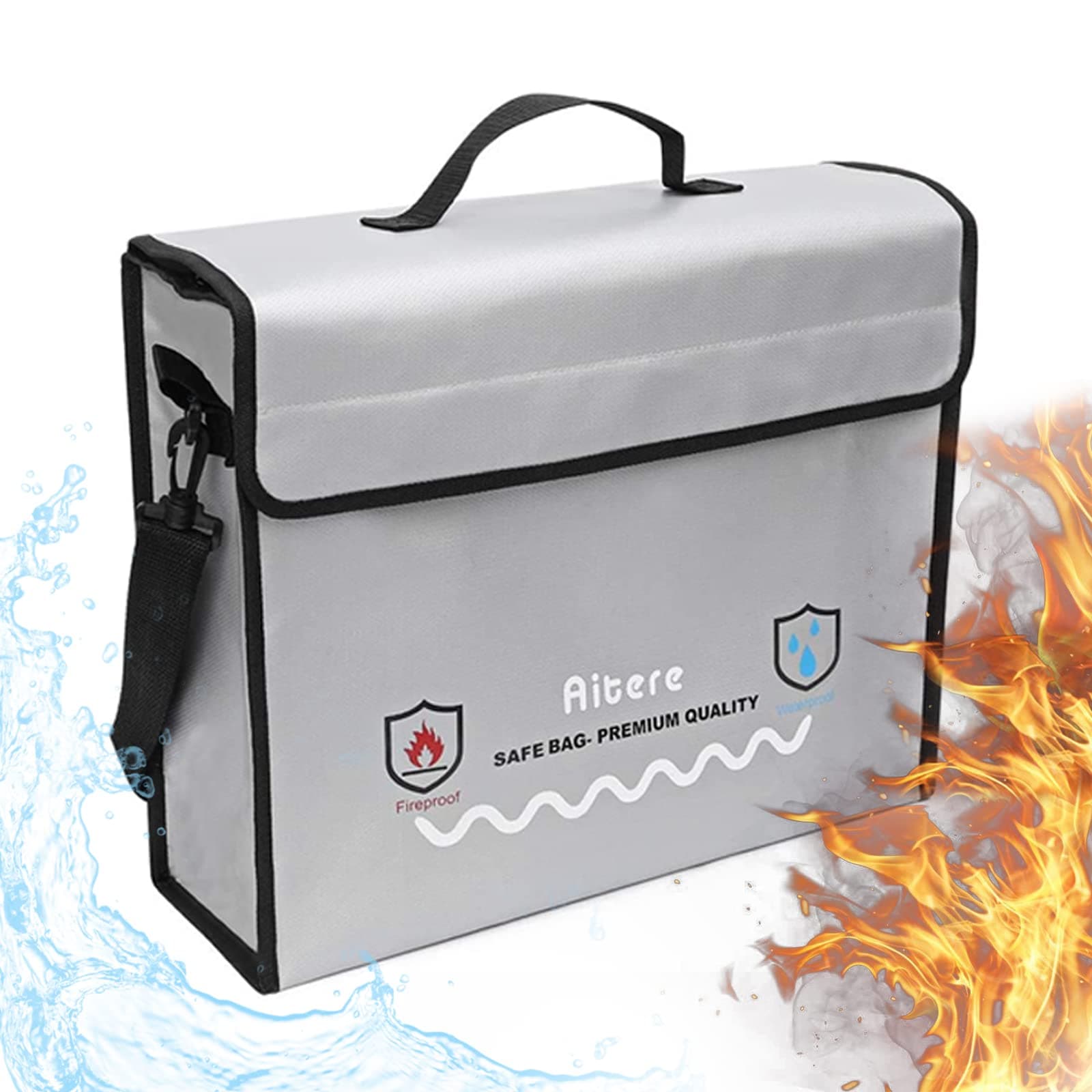 Aitere 2500℉ Fireproof Document Bag - Fireproof Box(15"x12"x5"), New-Version Fireproof Waterproof Safe Bag, Strong Three Layer Heat Protection for Cash, Valuables, Passport & Jewelry