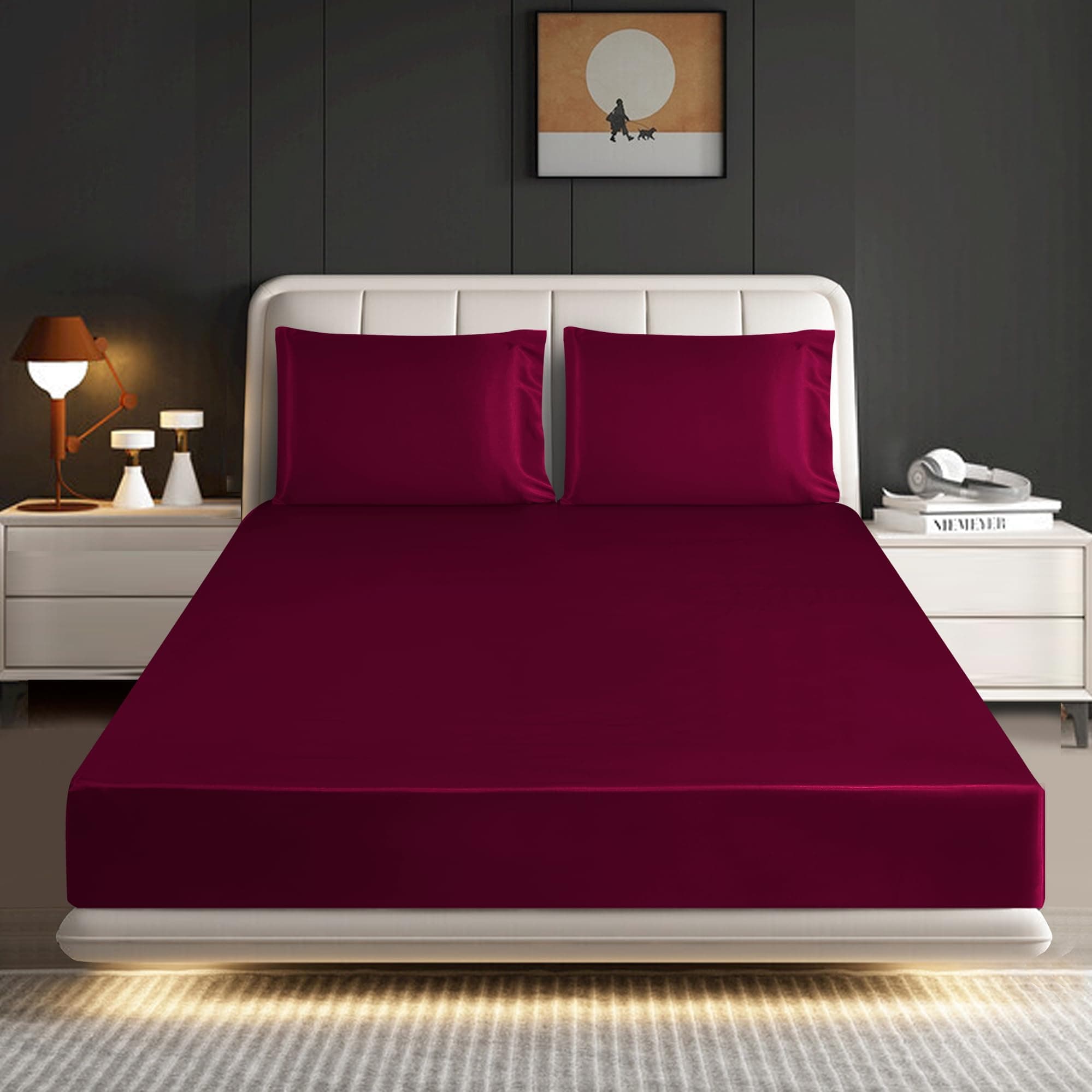 ROOEE Satin Silk Fitted Sheet with Pillowcase Set Breathable Soft Bedding Brushed Fabric Wrinkle, Shrinkage and Fade Resistant Bottom Bed Sheets (BURGUNDY, King)