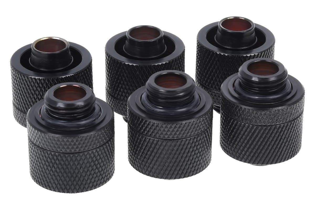 AlphacoolHF G1/4" to 10mm ID, 16mm OD Compression Fitting for Soft Tubing, Deep Black, 6-Pack