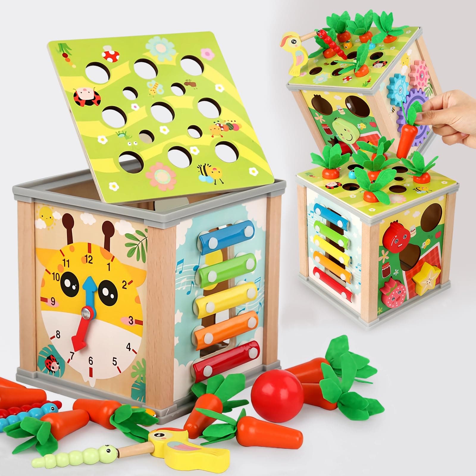 EYSOO Wooden Activity Cube 9-in-1 Shape Sorting Box for Toddlers 1-3 Wooden Sensory Bin Shape Sorter Toy Montessori Wooden Toy with Xylophone Catching Worm Toy Color Cognition Toy for Boys Girls