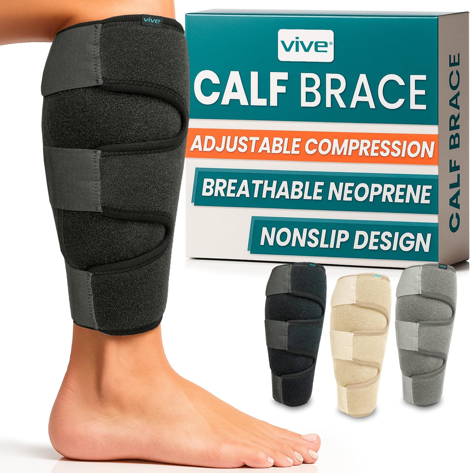Vive Calf Brace - Adjustable Shin Splint Support - Lower Leg Compression Wrap Increases Circulation, Reduces Muscle Swelling - Calf Sleeve for Men and Women (Black)