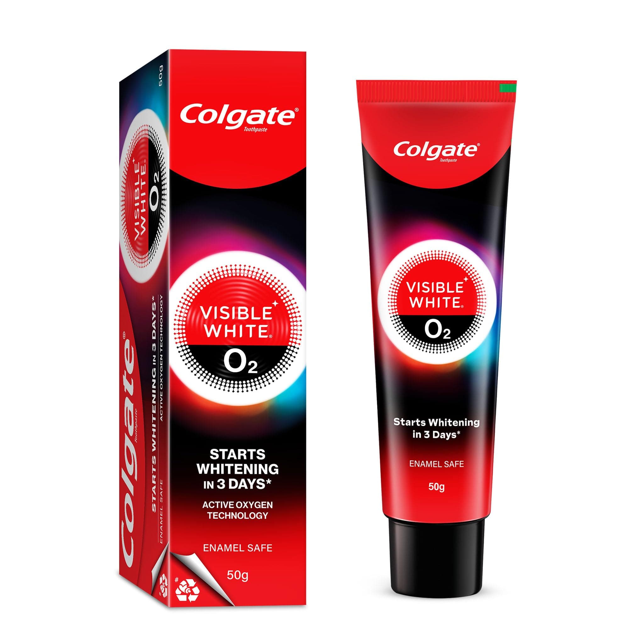 Colgate Visible White O2, Teeth Whitening Toothpaste (50g) for noticeably whiter teeth starting in 3 days. Aromatic Mint with Active Technology, Enamel Safe Teeth Whitening