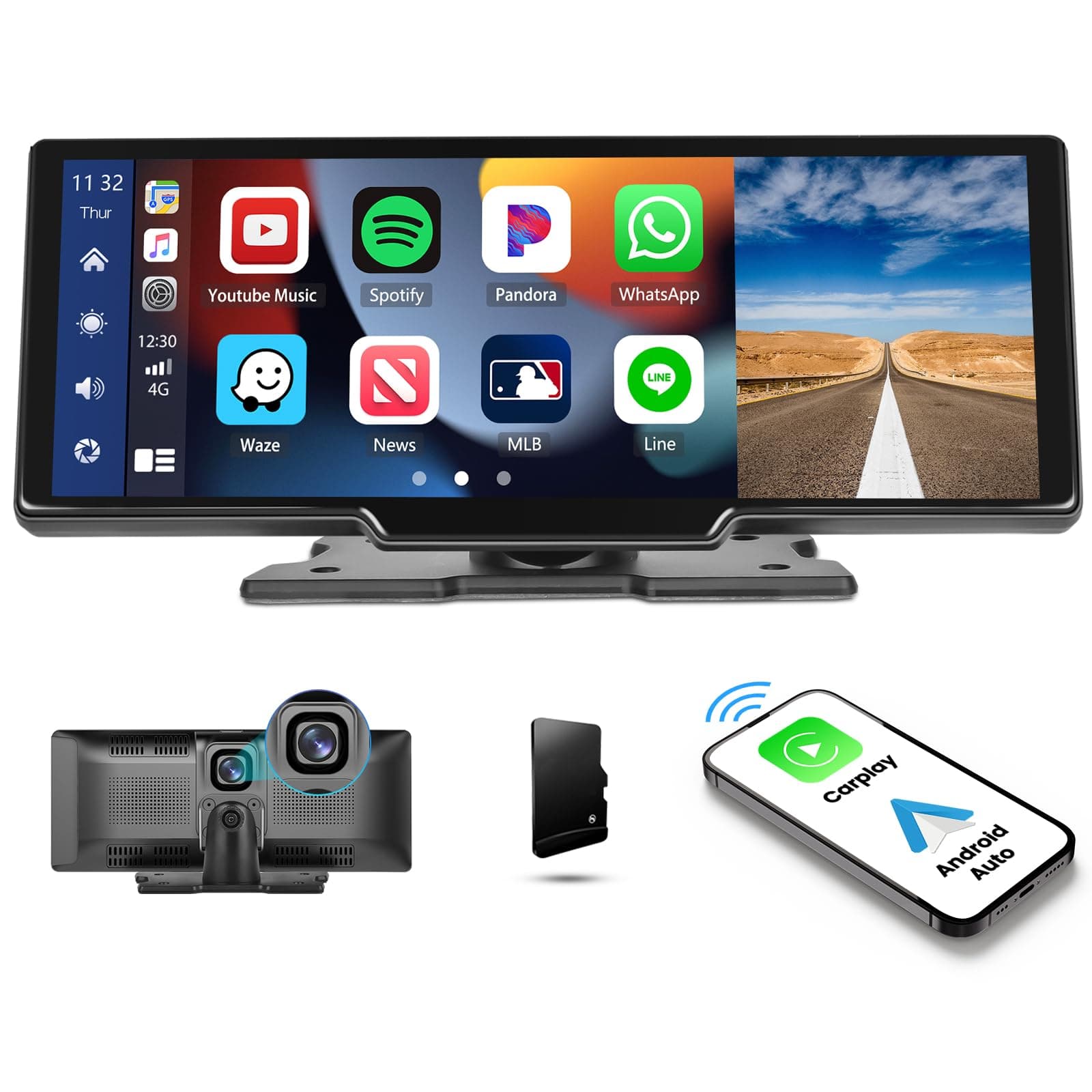 UNITOPSCI Portable Wireless Apple CarPlay Android Auto Car Stereo with Dash Cam 9.3 Inch Car Play Screen Radio Touchscreen Support DVR Bluetooth Voice Control GPS Navigation FM Transmit 64G TF Card