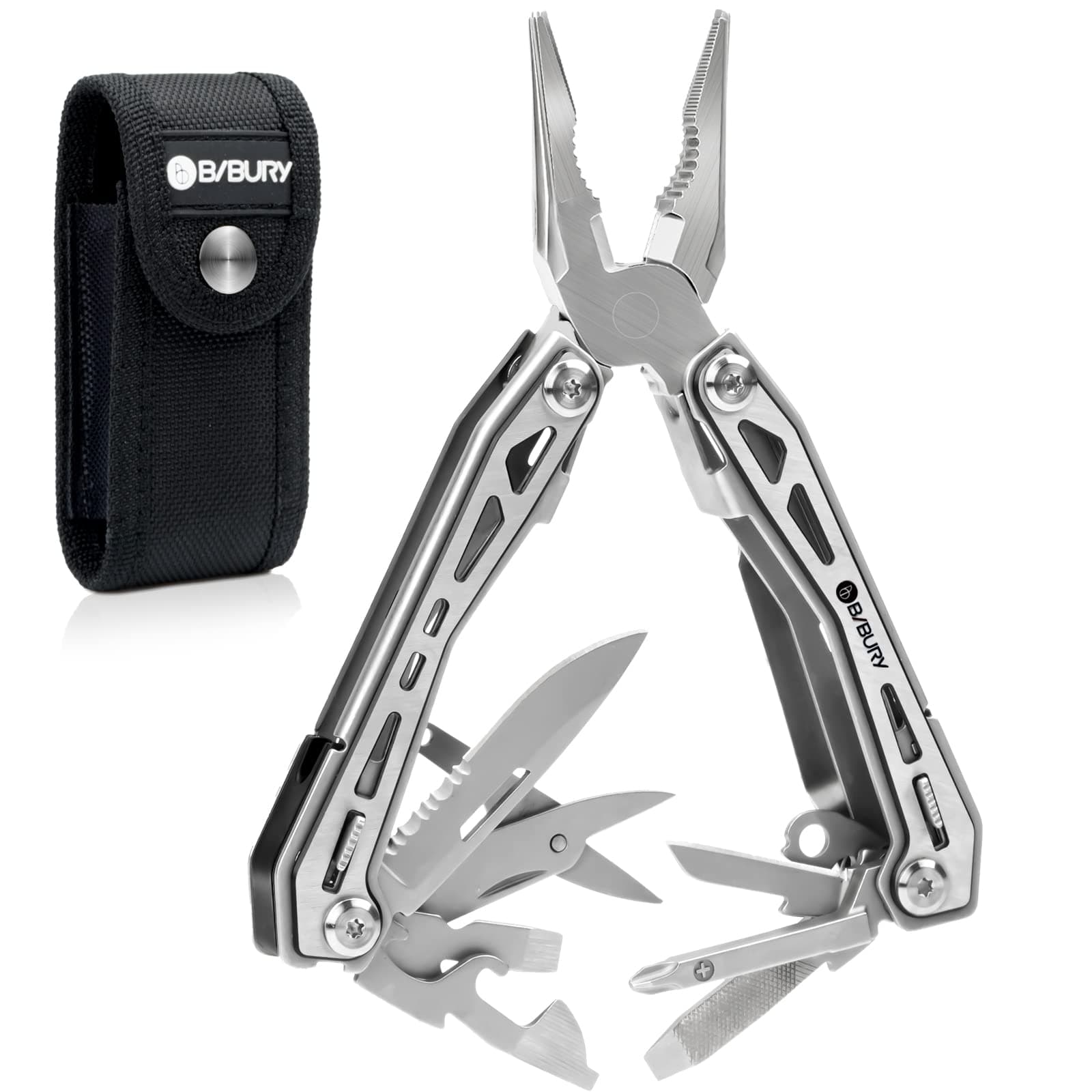 BIBURY Multitools, Portable Multi Tool Foldable Pliers with Scissors, Can Opener and Screwdriver, EDC Tools for Camping, Outdoor Activities, Repairing - Gift for Dad Men - Blackside