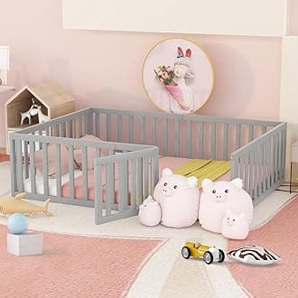 i-POOK Full Size Floor Bed for Children, Sturdy Wood Montessori Bed Frame with Fence & Door Montessori Floor Bed for Girls and Boys, Gray (No Bed Slats)