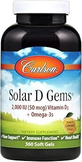 Solar D Gems, Vitamin D3 and Omega-3 Supplement, 2000 IU Vitamin D3, 115 mg Omega-3s EPA and DHA, Vitamin D Fish Oil Capsule, Bone & Immune Health, Vitamin D Supplement, Lemon, 360 Softgels