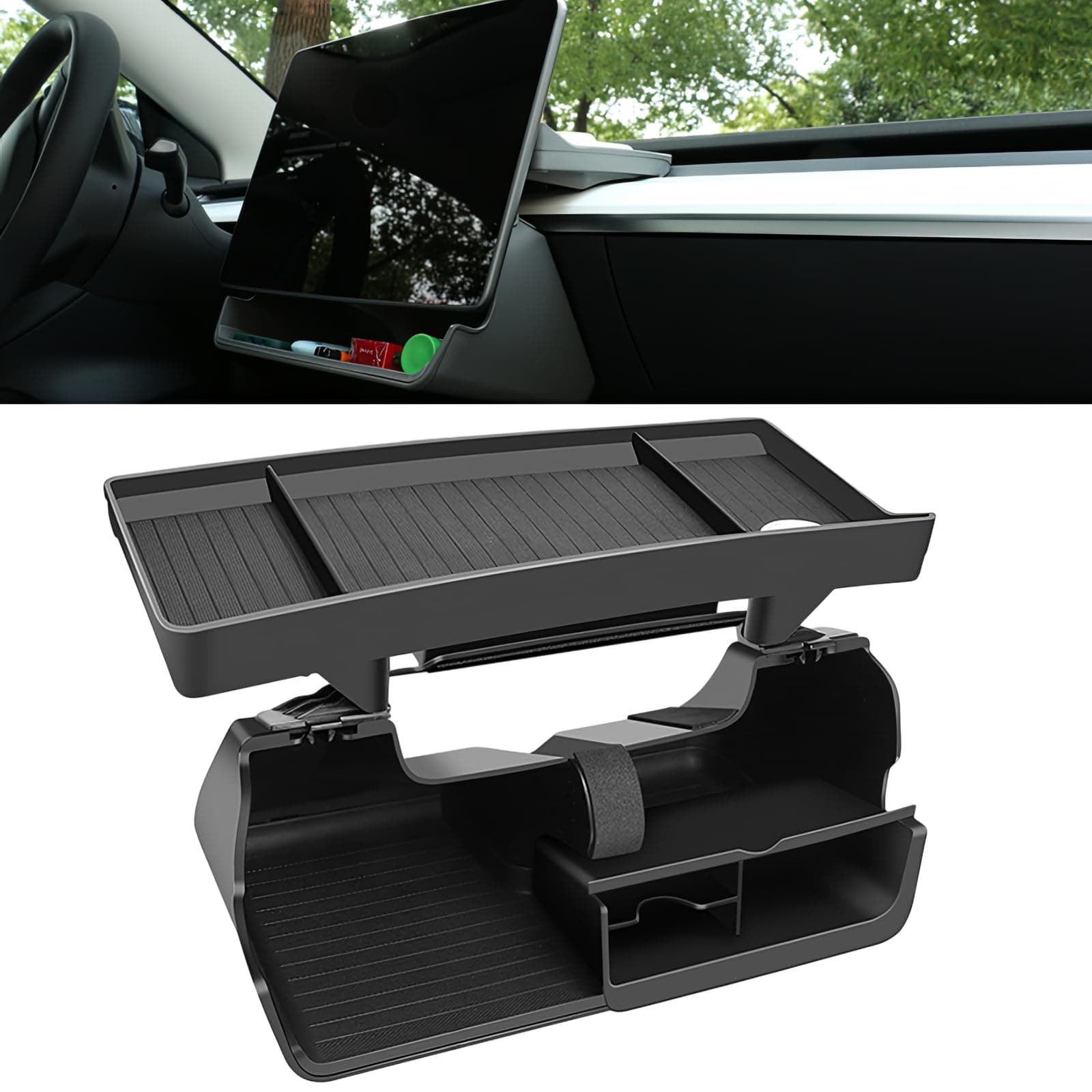 Acteam1 Set Center Console Organizer Tray for Tesla Model Y/3, Under Screen Storage Box Dashboard Shelf Tissue Holder for Key, phone, Non-Slip, No Adhesive Interior Accessories for Model Y Model 3