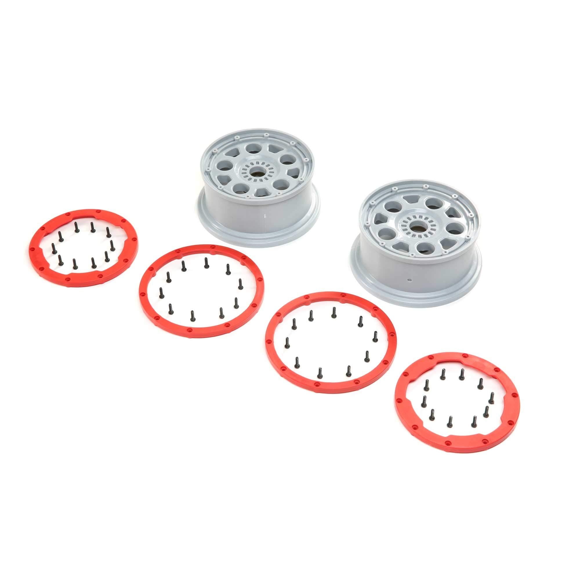 1/5 Front/Rear 4.75 Beadlock Wheels, 24mm Hex, Silver/Red (2): DBXL-E 2.0, LOS45033