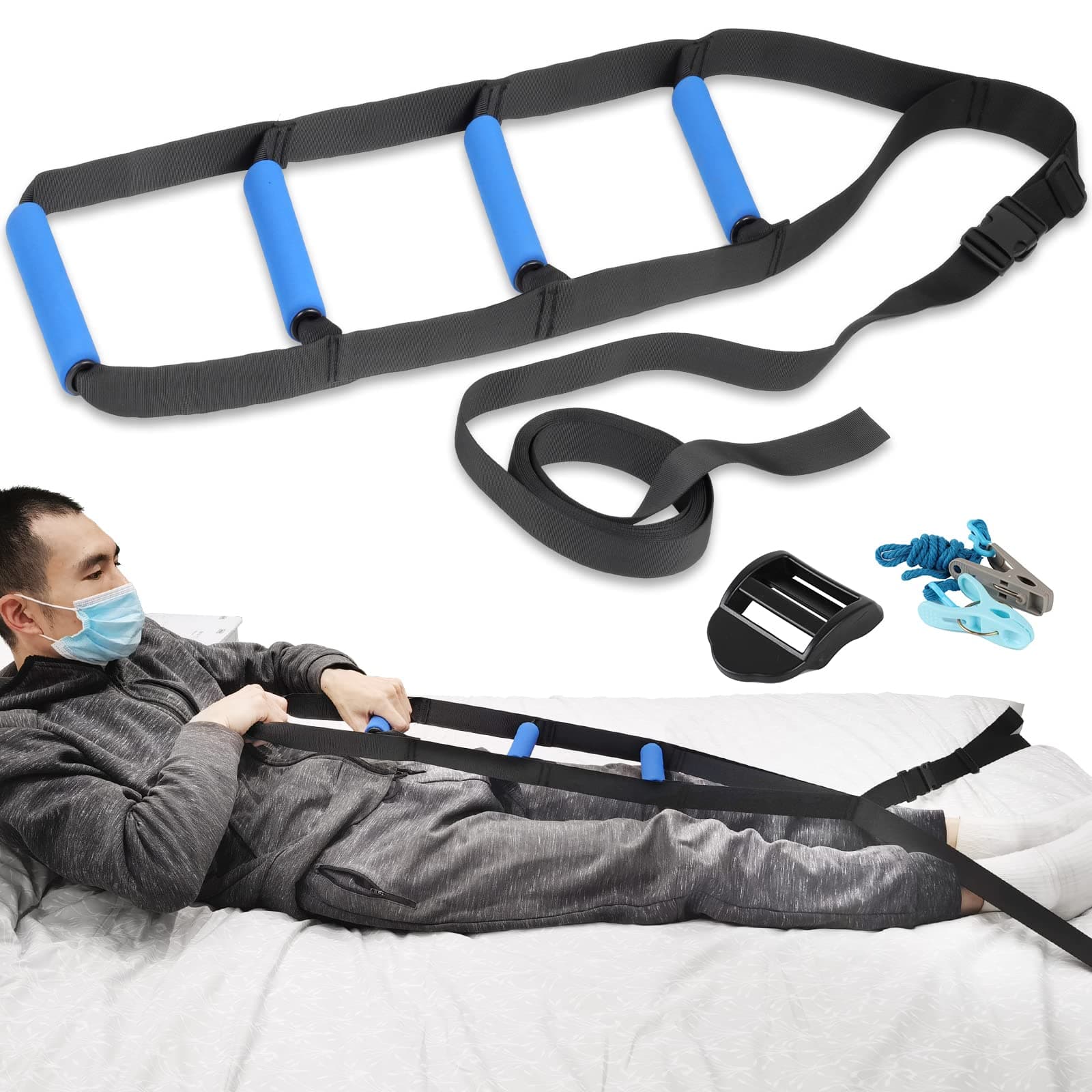 Bed Ladder Assist,Pull up Helper and Sit up Helper 4 Handle Grips,Bed Rail Assistance Devices Adjustable Length Bed Lift for Most Beds Mobility Aid for Elderly, Handicapped,Injured (160 INCHES)