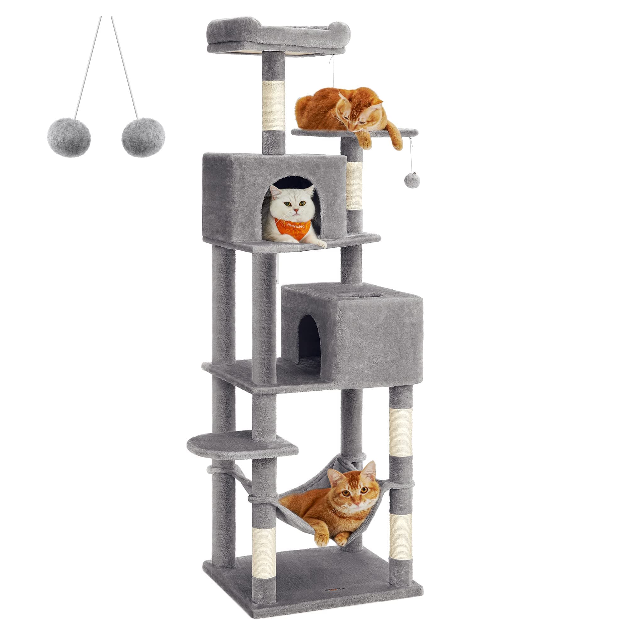 Feandrea Cat Tree, 191 cm Cat Tower for Indoor Cats, Plush Multi-Level Cat Condo with 5 Scratching Posts, 2 Caves, Hammock, 2 Pompoms, Light Grey PCT191W01