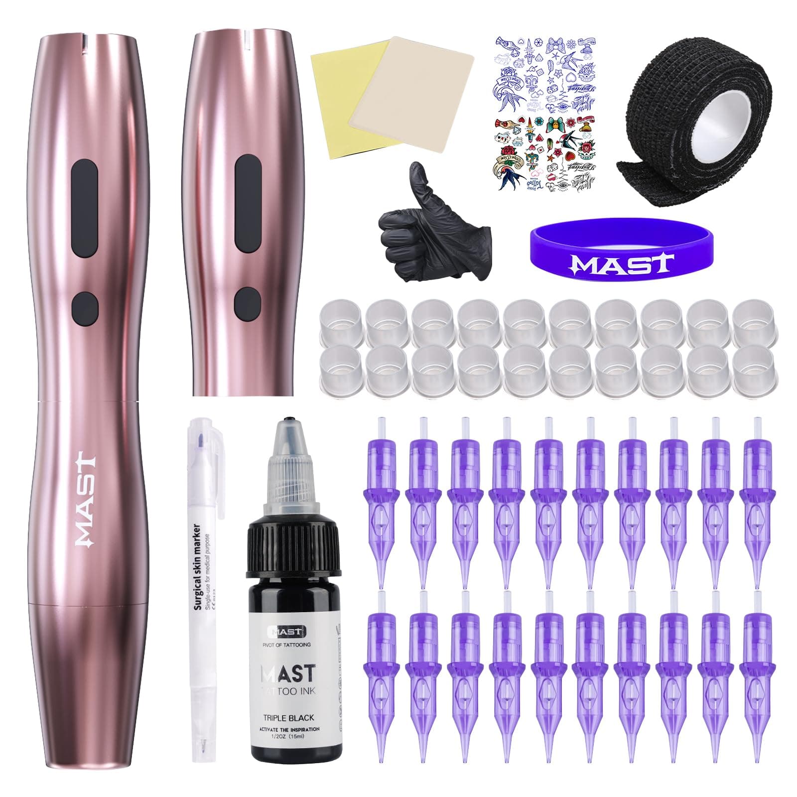 Mast Tattoo Kit Cordless Rotary Tattoo Machine gun Kit complete for beginners 2Pcs Changeable Battery Power Supply 20Pcs Tattoo Cartridge Needles